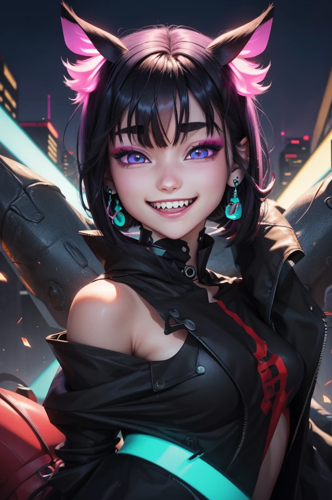 three anime styled characters are smiling at the camera together bright and neon glowing eyes, sharp teeth, teeth, smile, multiple girls, grin, 3girls, black hair, open mouth, looking at viewer, earrings