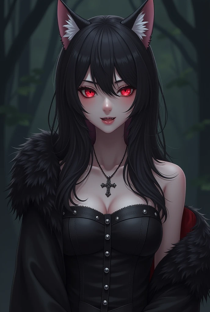 Highest quality、masterpiece、Ultra-high resolution、Raw photo(Realism:4K)、Raw photo(Thin legs) (Perfect figure)、Close-up of a beautiful woman in a wolf costume, epic fantasy game art, Red fingernails and eyes, Dark forest night background、Fair skin and beautiful red lips、Deep Shadow、Low Key、Cold light 12000K