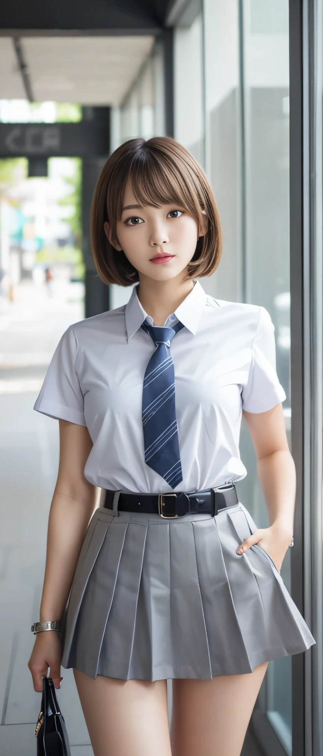 Pure idol girl（Shiny short hair）、、Thick legs、 Grey Pleated Miniskirt、Cool Belt、 shirt with tie 、Good style、A pure girl&#39;s face