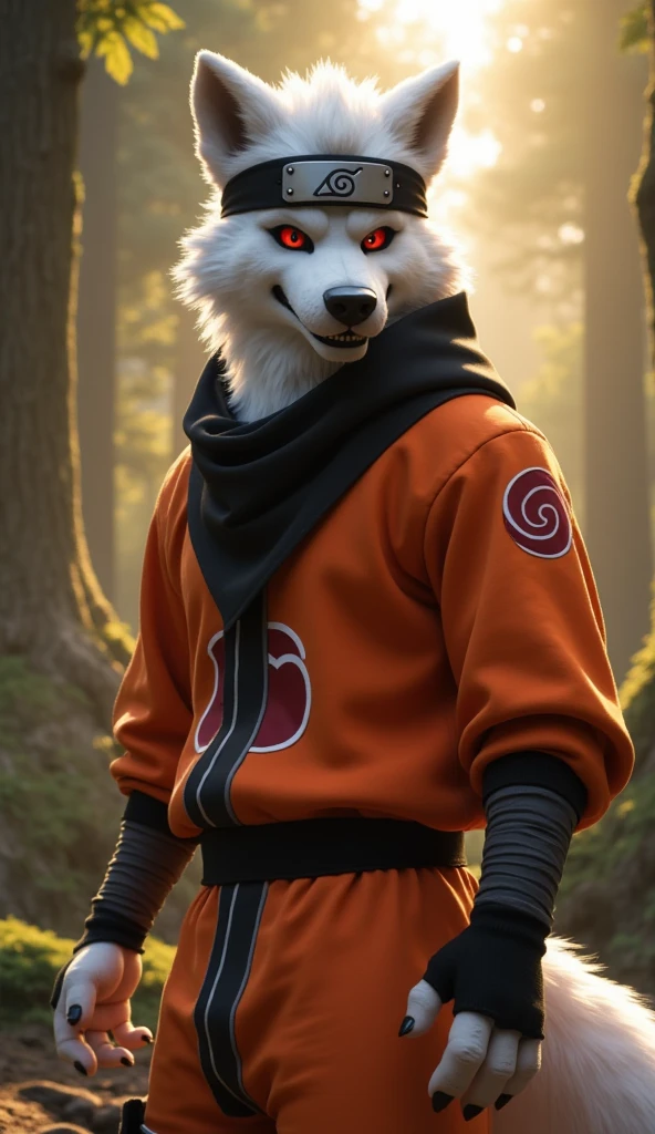 hyperrealistic, ultra-cinematic, 8K rendering of an adult male muscular werewolf fursuit, anthro, with striking red eyes and pristine white fur, wearing an intricate and highly detailed cosplay of Naruto Uzumaki. The werewolf's imposing physique is highlighted by the iconic orange and black ninja outfit, custom-tailored to accentuate his muscular frame. The fabric textures are vividly realistic, complete with the Konoha headband tied firmly around his forehead and the swirling Uzumaki clan emblem boldly displayed on the back of his jacket. His sharp claws protrude from fingerless gloves, and his piercing red eyes glow with an intense determination, creating an aura of power and charisma.

The background features a lush forest inspired by the Hidden Leaf Village, bathed in golden sunlight that filters through the dense canopy, casting dramatic shadows on the scene. Dust particles float in the air, adding depth and a sense of movement. His white fur gleams under the light, contrasting beautifully with the vibrant colors of the outfit. The werewolf strikes a commanding pose, as if preparing for an epic battle, with wind tousling his fur and the fabric of his outfit for a lifelike dynamic effect. Every detail, from the intricate stitching of the clothing to the individual strands of fur, is rendered in a CyberRealistic, photorealistic style, embodying a perfect fusion of realism and fantasy.