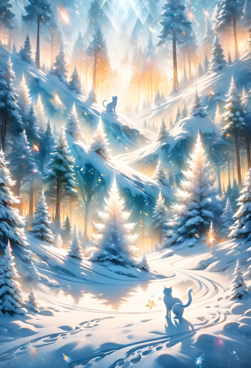 Footprints leading to a sacred snowy forest ,Long-haired white cat dancing,  Details pattern,cute, nice,  Details, rendering,Oil paint,Watercolor,general brush,  Max Image , Footprints on Snow Continuing in the Snow Forest  , Scattering Diamond Dust(( double exposure:1.5 , diamond dust filter effect))