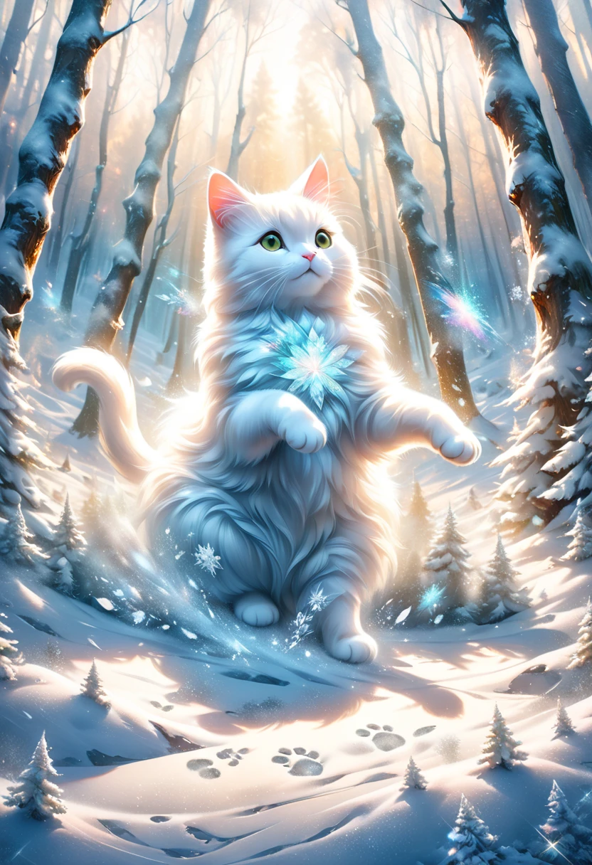 Footprints leading to a sacred snowy forest ,Long-haired white cat dancing,  Details pattern,cute, nice,  Details, rendering,Oil paint,Watercolor,general brush,  Max Image , Footprints on Snow Continuing in the Snow Forest  , Scattering Diamond Dust(( double exposure:1.5 , diamond dust filter effect))