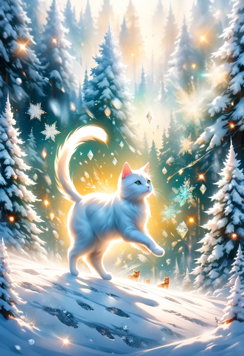 Footprints leading to a sacred snowy forest ,Long-haired white cat dancing,  Details pattern,cute, nice,  Details, rendering,Oil paint,Watercolor,general brush,  Max Image , Footprints on Snow Continuing in the Snow Forest  , Scattering Diamond Dust(( double exposure:1.5 , diamond dust filter effect))