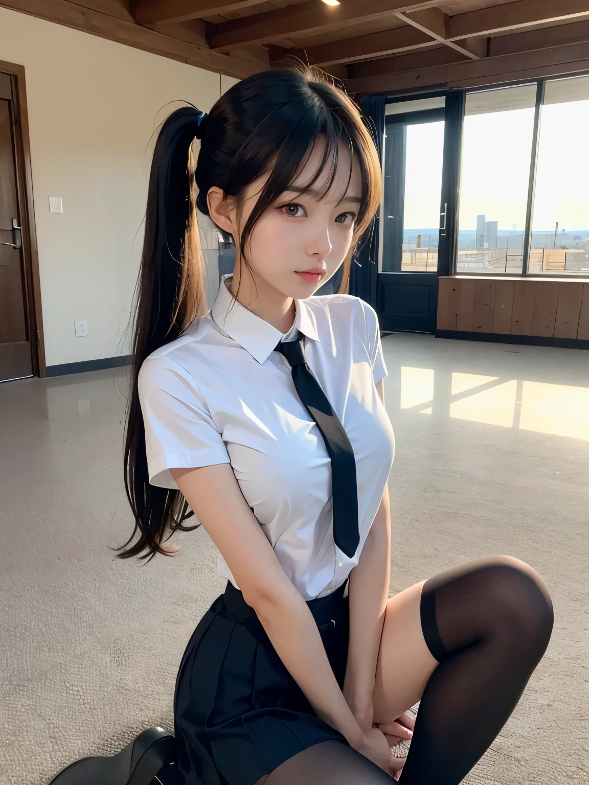 ((best quality)), ((masterpiece)), (detailed), perfect face, pretty face, beautiful female, beautiful body, e cup breast, teenager female, cashier, minimarket cashier, cashier uniform, mini skirt, ponytail, straight hair, perfect body, Stand behind the cashier's desk