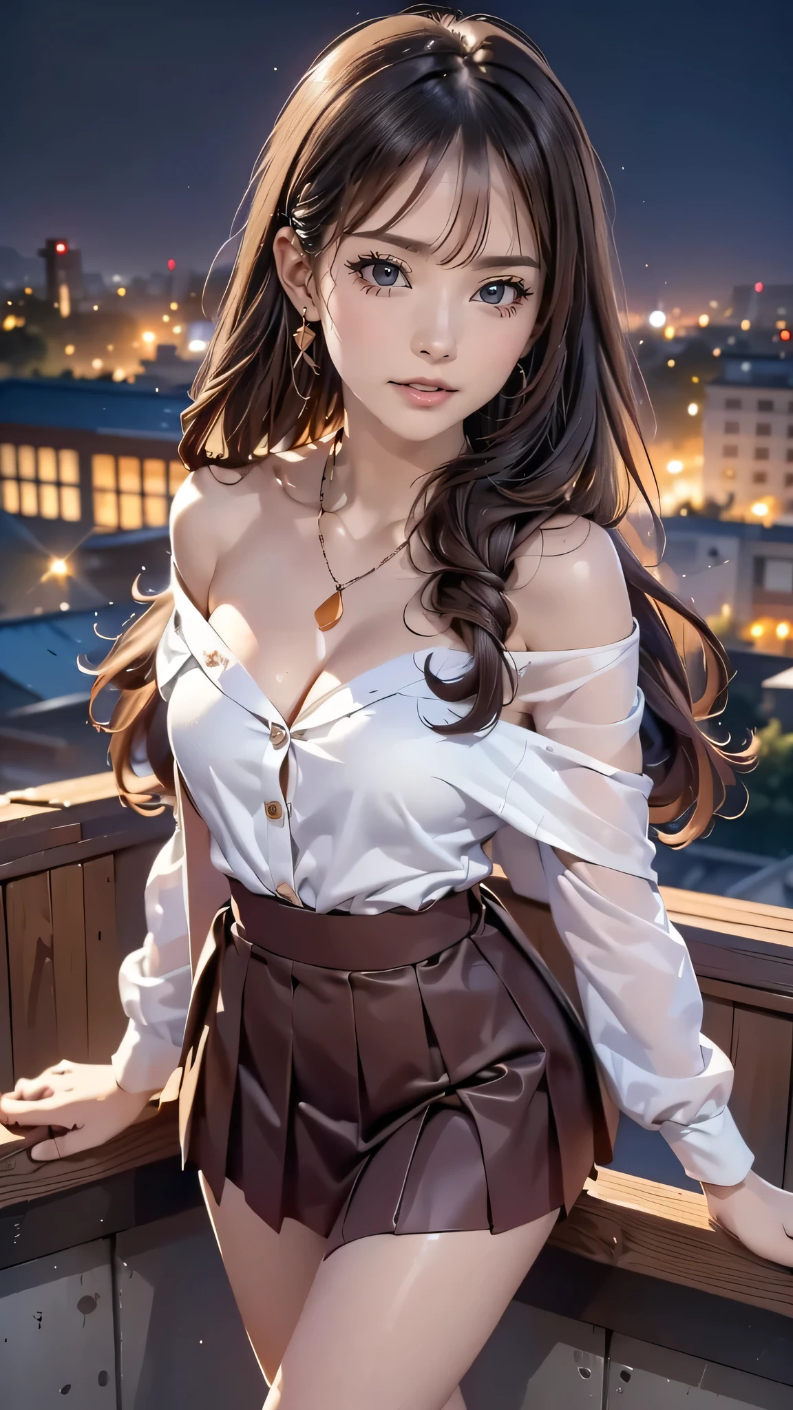 (masutepiece: 1.3), (max resolution: 1.2), (Ultra HDTV: 1.2), cinema lite, Ultra HDTV, (Detailed eyes and skin), (detailed facial features), ultgp, 8K resolution, Sharp Focus: 1.2, Perfect Style, Beautiful Face, accurate, Anatomically correct, Highly detailed face and skin texture, Detailed eyes, Dark-blue eyes, Double eyelids, Thin eyebrows, dropping eyes, (Glitter Eyeliner:1.2), Natural cheeks, Glossy skin, (Fair skin:1.2), shiny necklace and earrings, (Glossy lips: 1.4), break, absurderes, One-person viewpoint, (she is high school Student), (Wearing a Button up shirt, blazer, Pleated mini skirt), ((off-shoulder:1.3)), (shy smile:1.2), ((Innocent and very cute girl:1.3)), (Layered hairstyle, Wavy Hair), (Dark brown hair:1.2), Medium Long Hair, (Full body shot: 1.2), Focus on Face, medium large breasts, (looking back at viewer:1.2), ((sexy pose on Instagram:1.2)), ((In the School Rooftop:1.2)), ((background of night view:1.4)), (from behind:1.2)