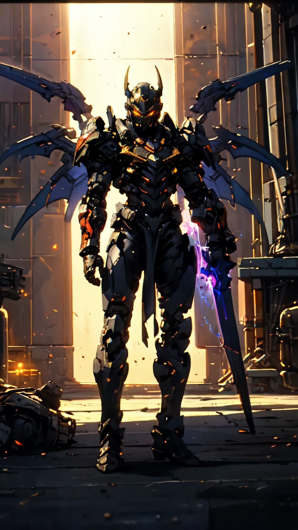 (masterpiece:1.5, best quality:1.5, extremely delicate:1.5), ((male:1.5)), a man wearing a full-face helmet, high-tech biomimetic armored combat suit, (a composite layered chest armor), the design balances heavy with agility, fully enclosed shoulder guards, matching arm and leg guards, a belt of gemstone, (the color scheme is primarily Red with Yellow and Purple accents, Organic Biotech, Concept Inspired by Vampire, glowing eyes, armor glows, huge cloak like devil wings, blood), stand of a futuristic sci-fi city, this character embodies a finely crafted fantasy-style armored hero in anime style, exquisite and mature art style, metallic, high definition, highres, ultra-detailed, ultra-fine painting, professional, perfect body proportions, golden ratio, anatomically correct, symmetrical face, extremely detailed eyes and face, high quality eyes, creativity, RAW photo, UHD, 32k, Natural light, cinematic lighting, (masterpiece-anatomy-perfect:1.2)