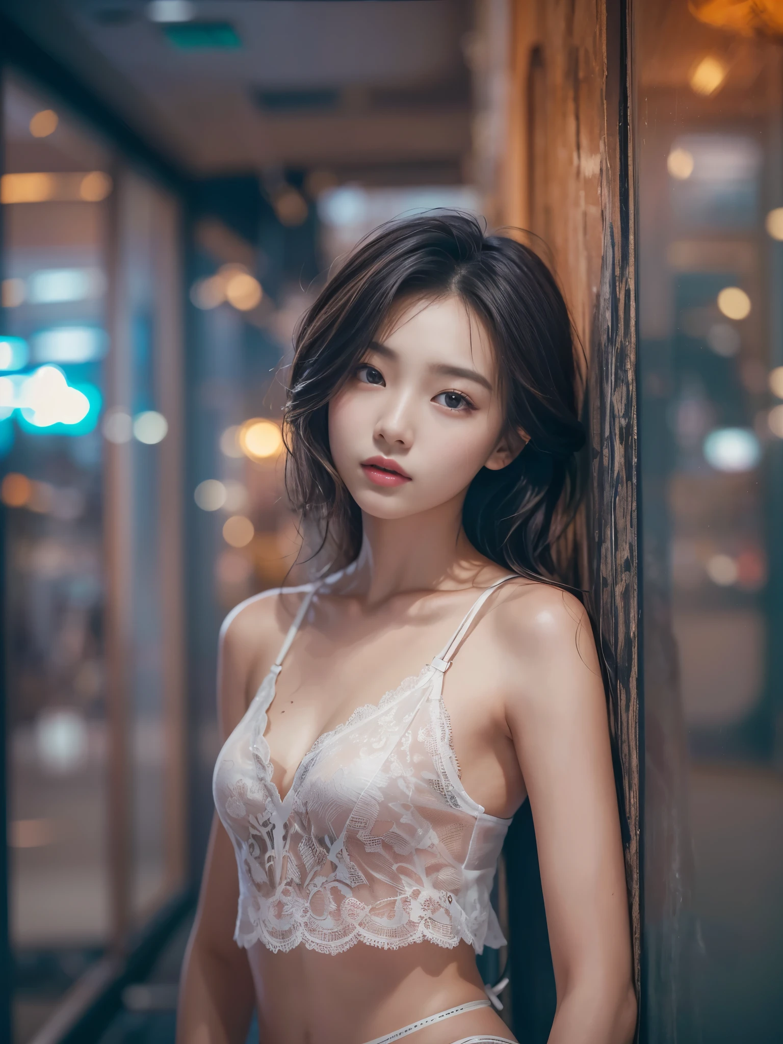 (Photoreal Stick:1.5, masutepiece:1.5, 8K), (top-quality, ​masterpiece, 超A high resolution), Perfect dynamic composition, Professional camera work:1.4, Highly detailed skin and facial texture:1.3, Mystical portrait:1.3, Grow Light Effect, The ultra-detailliert, 1girl in, ((Night view from inside the building, Pitch black room:0.9, The moonlight at night shines through the glass)), (pink v neck nightdress), Model body type, Clear face, (Beautiful and seductive eyes:0.8, Enraptured look:0.8, i love you completely:0.8, A mouthfeel that feels beautiful eros:0.7), Dark brown medium hair, the chest is medium, a necklace, (Leaning against the window, sideshot), ((seductiv))