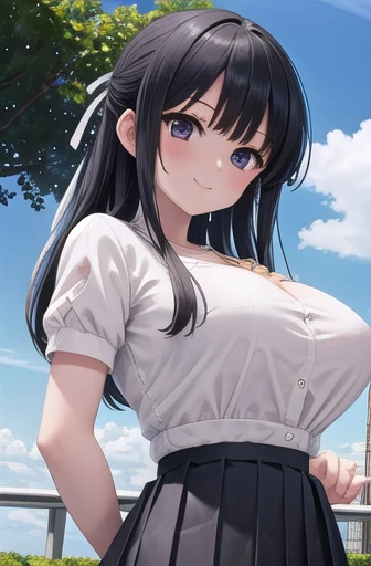   masterpiece on penis ,  top quality, migiwa kazuha,  hair ribbon,  white shirt, Short sleeve,  pleated skirt,  upper body,  watch viewers,  blue sky, smile, tree々,  Big Breasts , Clothes are inappropriate .  white underwear or chest underwear is exposed,、 long black hair, big breasts