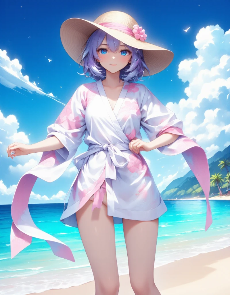 Create a 2D anime-style character illustration with sharp, clean lines and compact proportions, focusing on a traditional anime art style. The character is a young woman wearing a white beach cover-up, loosely tied at the waist, with soft pink floral patterns. She should have a wide-brimmed sun hat decorated with matching flowers. The character stands in a neutral pose, looking directly at the viewer, with a calm and confident expression. Her proportions should be slightly smaller and more compact, giving her a delicate, refined look, avoiding exaggerated or overly large features. Her hair is short, wavy, and lavender-toned, with crisp, minimal shading to maintain a smooth and simple anime aesthetic. The overall style should emphasize flat, vibrant color blocks with sharp linework and minimal gradients. Ensure the lighting is soft and dynamic, highlighting the smooth textures without excessive detail, creating a polished and clean atmosphere that aligns with high-quality anime artwork. Avoid realism or overly intricate details