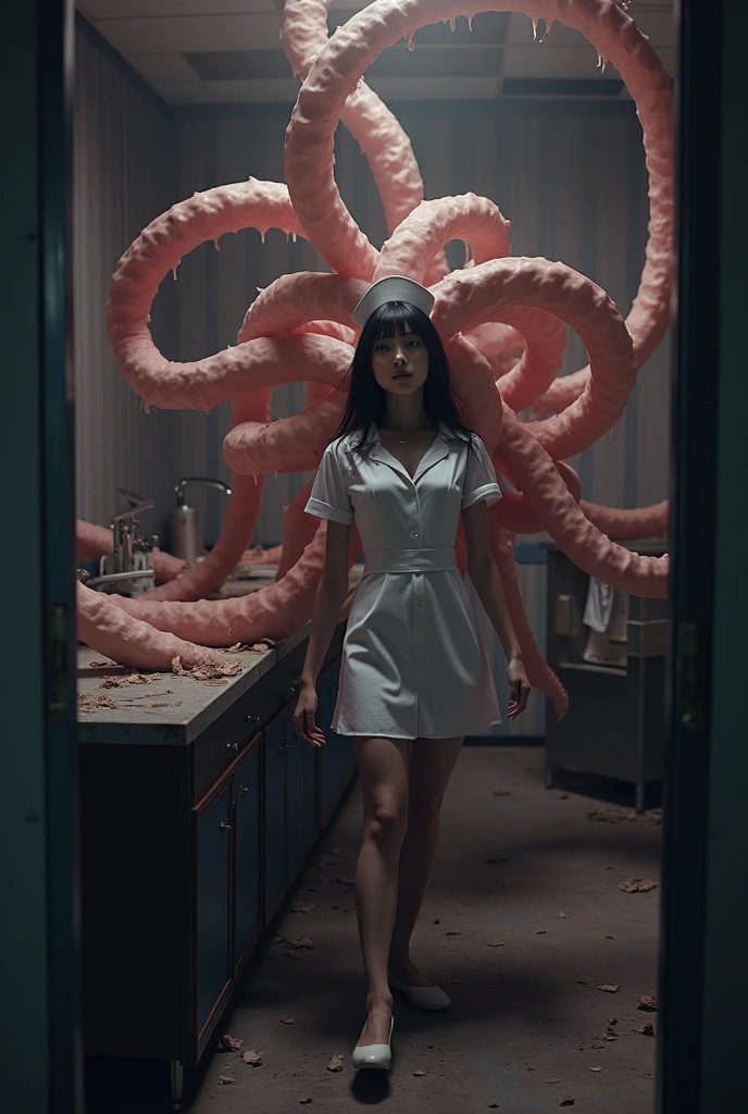 A nurse (super model, Asian, blue sexy nurse outfit, panicked) is struggling to free herself from several tentacles which are dragging her into their huge penis monster mouth, hospital