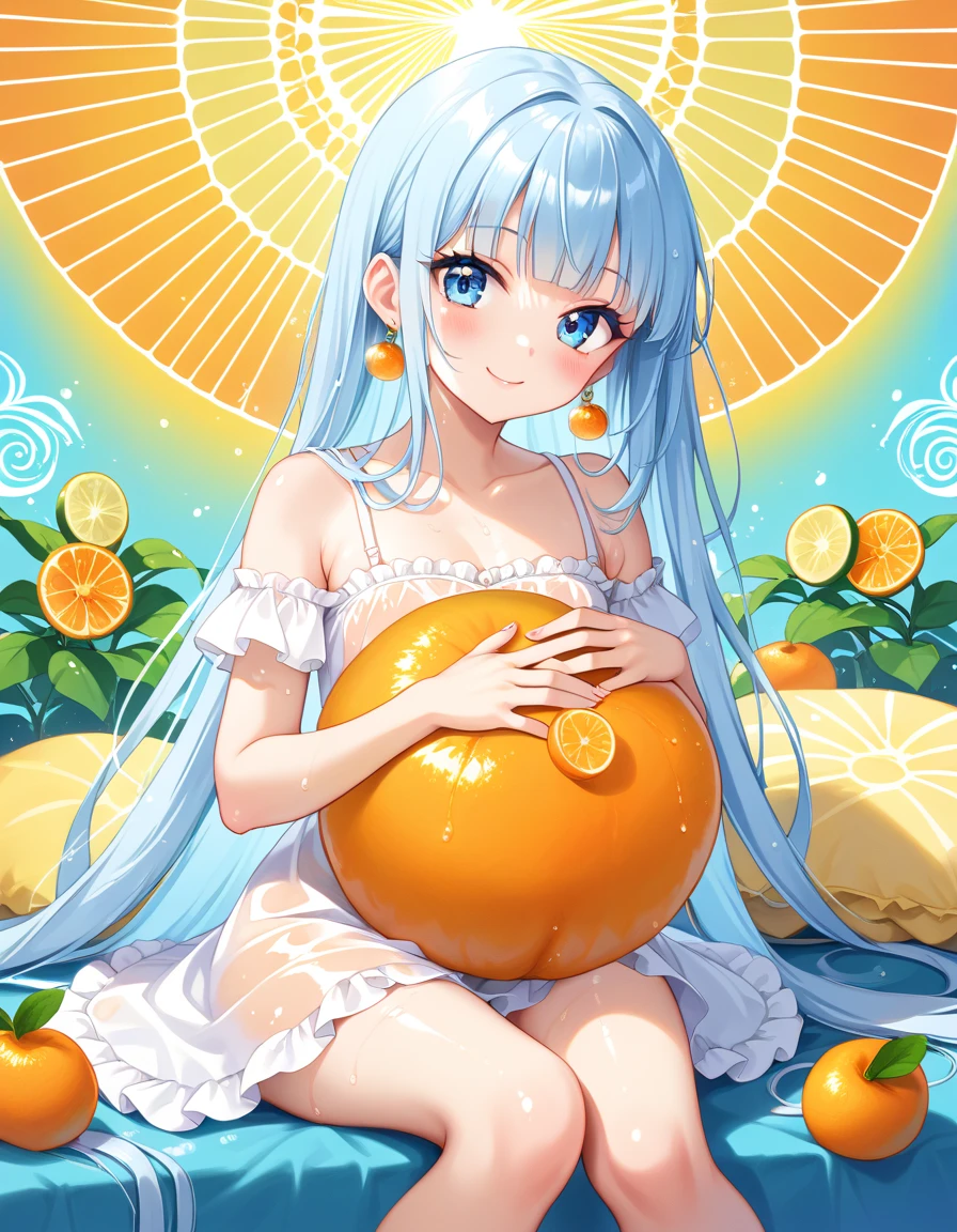 art by Cornflower, Dreamy, (a beautiful -aged girl,anime-style girl,eBlue eyes,yellow long hair,Dressed in light yellow,Shiny,longer sleeves,Open chest,Long skirt swimsuit,Pink big breasts,white colors,and yellow,The heart poses above,both hands on hip,In front of the beach and bright blue sky,There are clouds above,There are palm trees in the background on both sides of the picture,There are also a lot of blue and yellow fish swimming around in the sea,There was also a lighted police helicopter flying over the girl's head)Pregnant belly, Maternity wear,Maternity wear,Pregnant belly,Pregnant belly