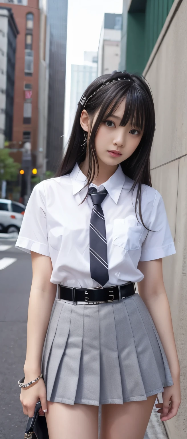 Pure idol girl（ shiny hair）、、Thick legs、 Grey Pleated Miniskirt、Cool Belt、punk shirt with tie 、Good style、A pure girl&#39;s face