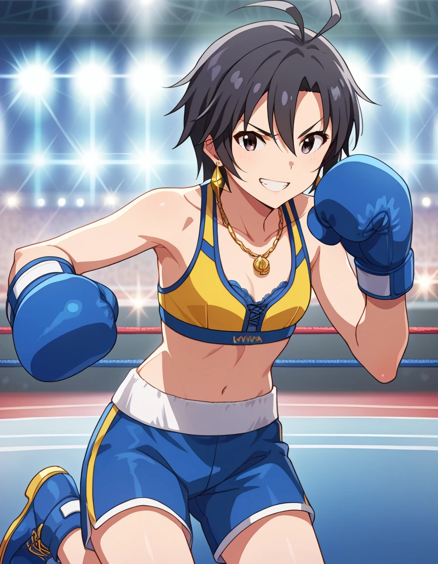 score_9, score_8_up, score_7_up, source_anime,
pinup of  1girl, solo, smile, serious face, grin,
arena,
 kkcmkt, short hair, black hair, antenna hair, hair between eyes, black eyes, flat chest,  small breasts, 
bra black, gloves blue, boxing gloves, shorts blue, boots black,
necklace, earrings, bangle,