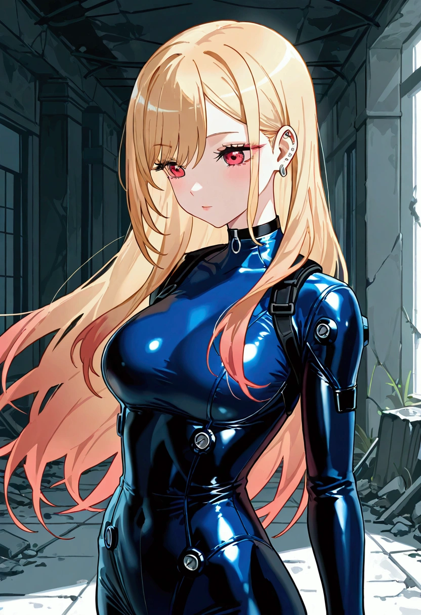 kitagawa marin, 1girl, blonde hair, long hair, multicolored hair, red eyes, jewelry, earrings, piercing, black choker, ruins、Plug Suit、Tight Combat Suit, UHD, retina, masterpiece, ccurate, anatomically correct, textured skin, super detail, high details, high quality, best quality, highres, 4K