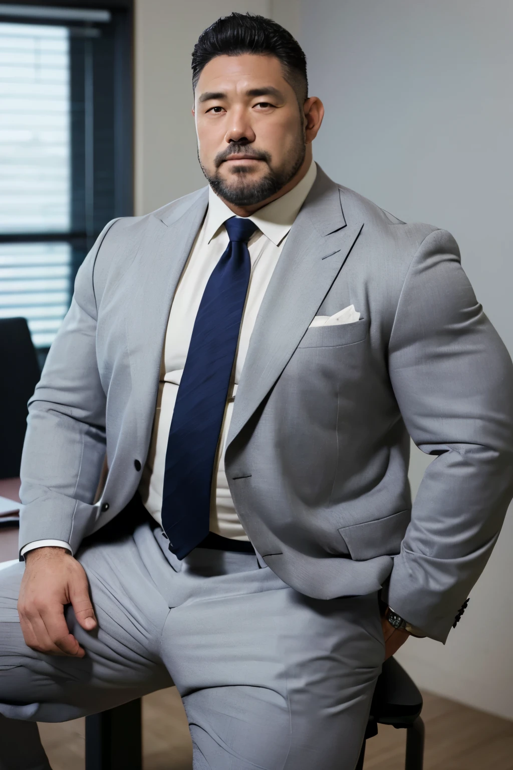 (upper body),Japanese male, solo, Fat muscler Japanese man in a white suit, whole body,look at viewer, in the office, Thick legs, sad expression, Sitting in a chair,Thick arms, Very short grey hair, Very short grey goatee, Grey jacket, Grey trousers, Long trousers,Black enamel loafer, Tight suspension, light purple tie, tight shirt, Huge nice bulge, Shirt tucked into pants, A very good rugby player, 60 years old, Grey jacket and trousers, fatty muscler body, Good rugby player, big bluge, grey hair,realistic