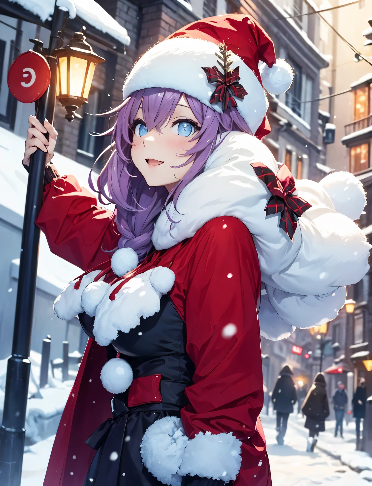 A street is full of snow, A happy girl in a hat and Christmas outfit