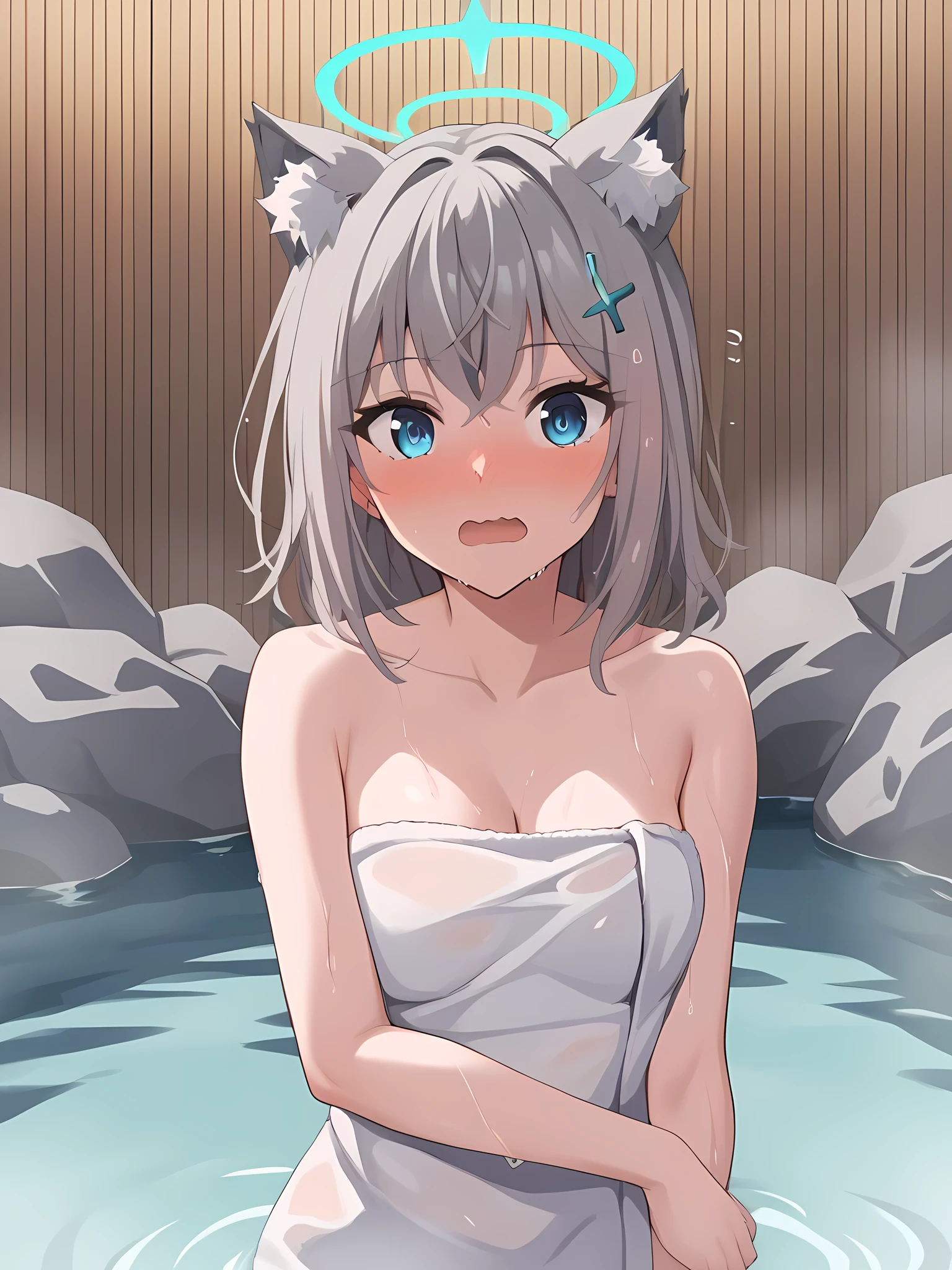 score_9, score_8_up, score_7_up, source_anime, 1girl, shiroko sunaookami, @_@, animal ears, blue eyes, grey hair, halo, medium hair, wolf ears, open mouth, wavy mouth, wet, panicking, blush, nose blush, naked towel, onsen,  hugging a towel, looking at viewer, solo, 