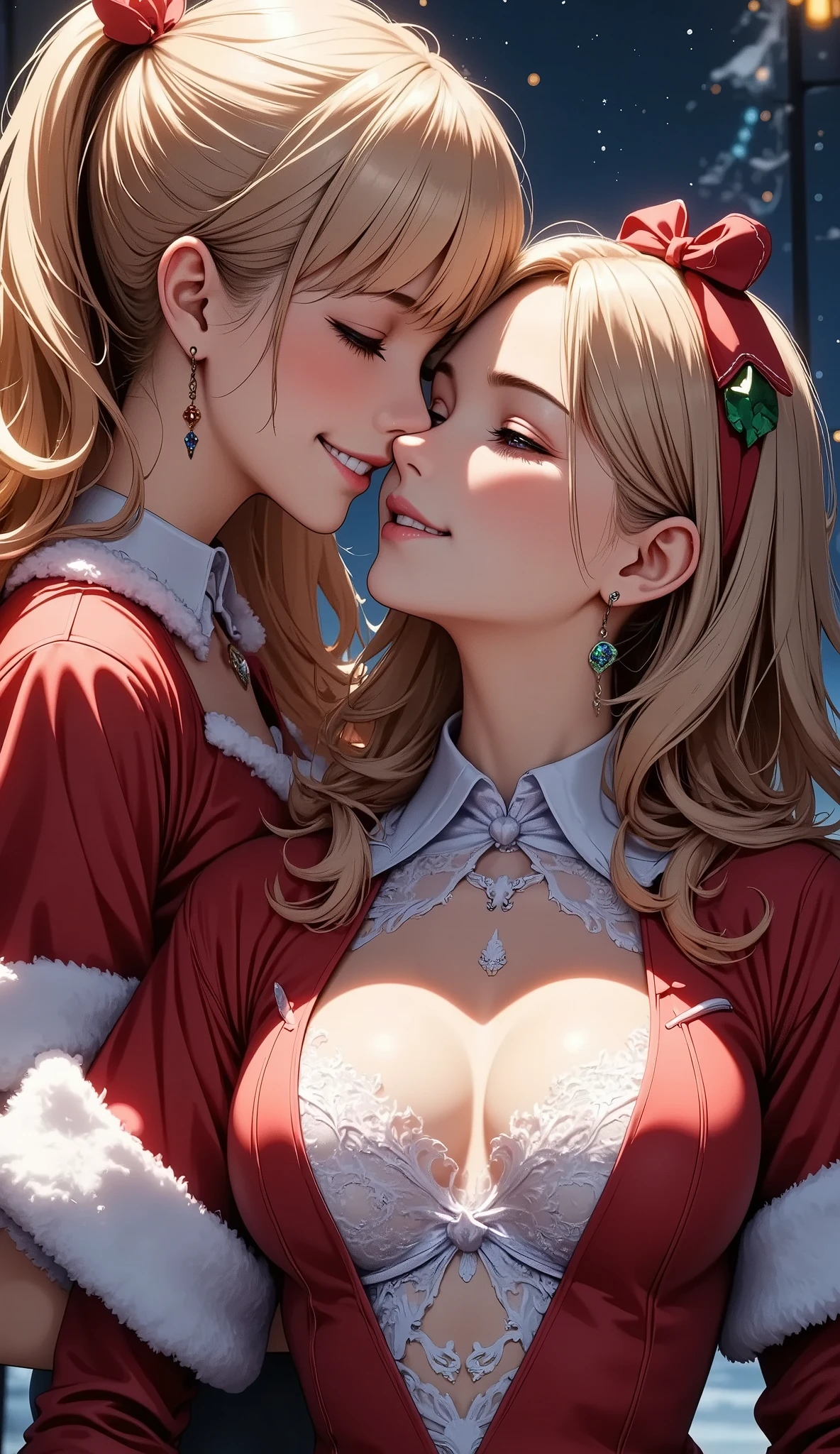 a sensual santa claus costume, 2 beautiful women embracing, extremely detailed, high quality, cinematic lighting, dramatic colors, romantic atmosphere, animestyle, 8k, masterpiece