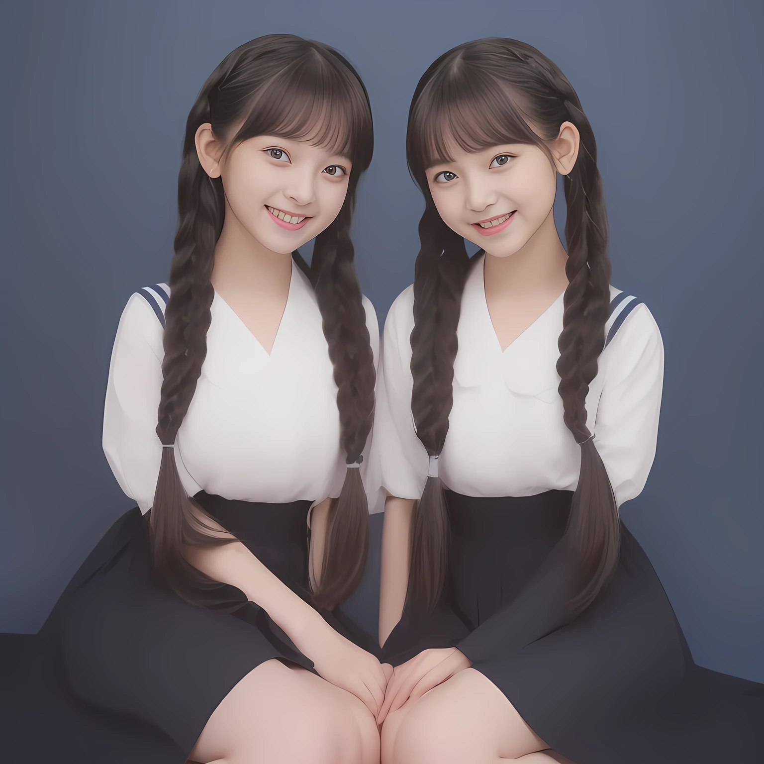 (Highest quality, masterpiece:1.2), Highest quality, High resolution, 1080P, 8k, (Two 13yo Japanese slender 清楚美少女アイドル are seated and give strong subliminal sexual invitation and temptation, cute skirt with beautiful knees, looking at the viewer, viewer's first lover, can't stop showing cute smile open mouth because of feeling the viewer too ridiculous, very white-white face, very proud of her long black twin-braids hair, using face-whitening cosmetics, 13yo 美少女's eyes, Small pupils, laughing giggling most open mouth, too expensive navy sailor-styled school uniform, well-straitened super-long well-trimmed braids hair, evenly neatly trimmed girly cute bangs: 1.5), (Laughing blushed cheeks with dimples), (Well-balanced, impressive, very intelligent, double-eyelids, black shining large eyes of 13yo 美少女 with detailed: 1.5), ((Beautiful well-figured glossy opened laughing lips: 1.2)), (mature breast), (The viewer is forced to madly kiss her breast ribbon), (Very beautiful, super-glossy, cute neat black pretty-twin-braids hair, well-done hair-style: 1.3), (plain blue background: 1.6), (((Completely balanced beautiful big cool eyes: 1.3))), (eyes, face and hair are especially beautifully detailed and beautifully drawn: 1.5), (She makes the viewer drink her love ribbon: 1.2), (the viewer become crazy and can't stop bursting and running every liquid to 清楚美少女, 美少女 is surprised : 1.7), (School uniform, too-cute slender 13歳 black pretty-twin-braids-hair Japanese 美少女 idol twins are laughing at me and unties the breast button and make the viewer drink it: 2.0), (Super-pretty twin-braids hair super-beautiful super-bewitching 美少女 super-cute face navy-sailor-suit school-uniform pretty slender 美少女 of 美少女 photo magazine in the 1990s: 2.0)