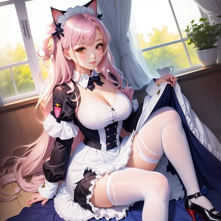 1 girl, big, long pink hair, braided hair, pale skin, heart-shaped light blue eyes, fangs, cat ears, maid clothes, nyan nyang,