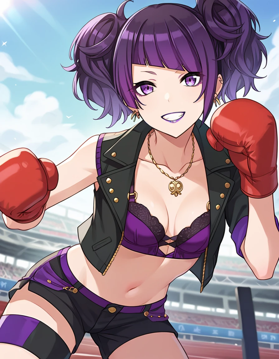 score_9, score_8_up, score_7_up, source_anime,
pinup of 1girl, solo, grin, smile,
arena, day,
 tnkmmm, purple hair, short twintails, blunt bangs, diagonal bangs, purple eyes, medium breasts,  small breasts, 
jacket purple, bra black, gloves purple, boxing gloves, shorts purple, boots black, 
jewelry, ear piercing, purple lips, nail polish, necklace,