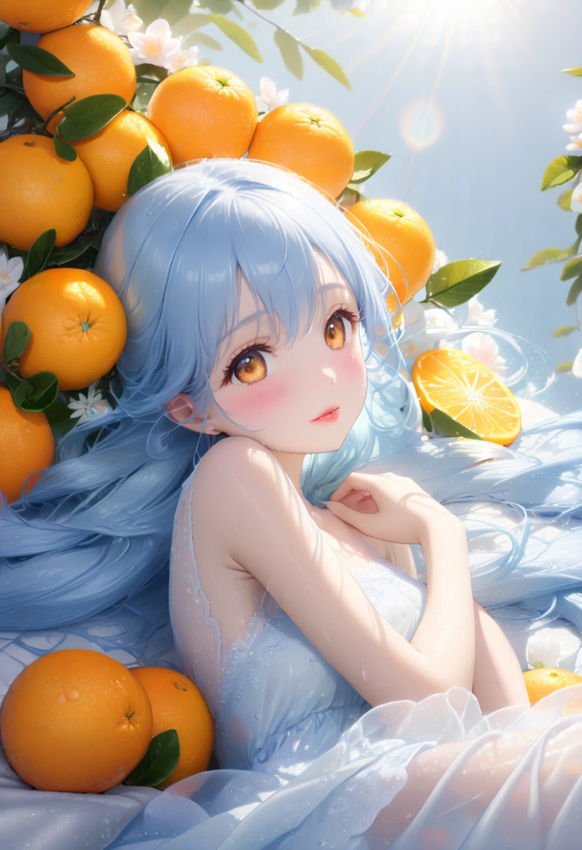 ,(((( light blue long hair)))), ,(((( light blue long hair)))),light blue hair, , long hair ((blush)) , cute face, big eyes, masterpiece, best quality,(((((a very delicate and beautiful girl))))), (flat chest),Amazing,beautiful detailed eyes,blunt bangs((((little delicate girl))))((1 beautiful girls with perfect faces)),((1girls aid:1.5),(Best quality, super detailed, high resolution:1.2),mandarin orange earrings , very long eyelashes, detailed lips, shining smile, holding hands, soft skin, shiny hair, vibrant background, natural light, the cutest girl in the world, exquisite makeup, pouting,((hugging on a cushion)), sitting, long hair, hair Beautiful, translucent white skin, wet dress, quality\(8K, highly detailed CG unit wallpaper, masterpiece, high resolution, best quality, highest quality realistic texture skin, super two-dimensional, increase resolution, RAW photo, best quality, highly detailed, wallpaper, ray tracing, golden ratio,),[Caution] ,(((mandarin orange))),Peach Fruit
,orange juice