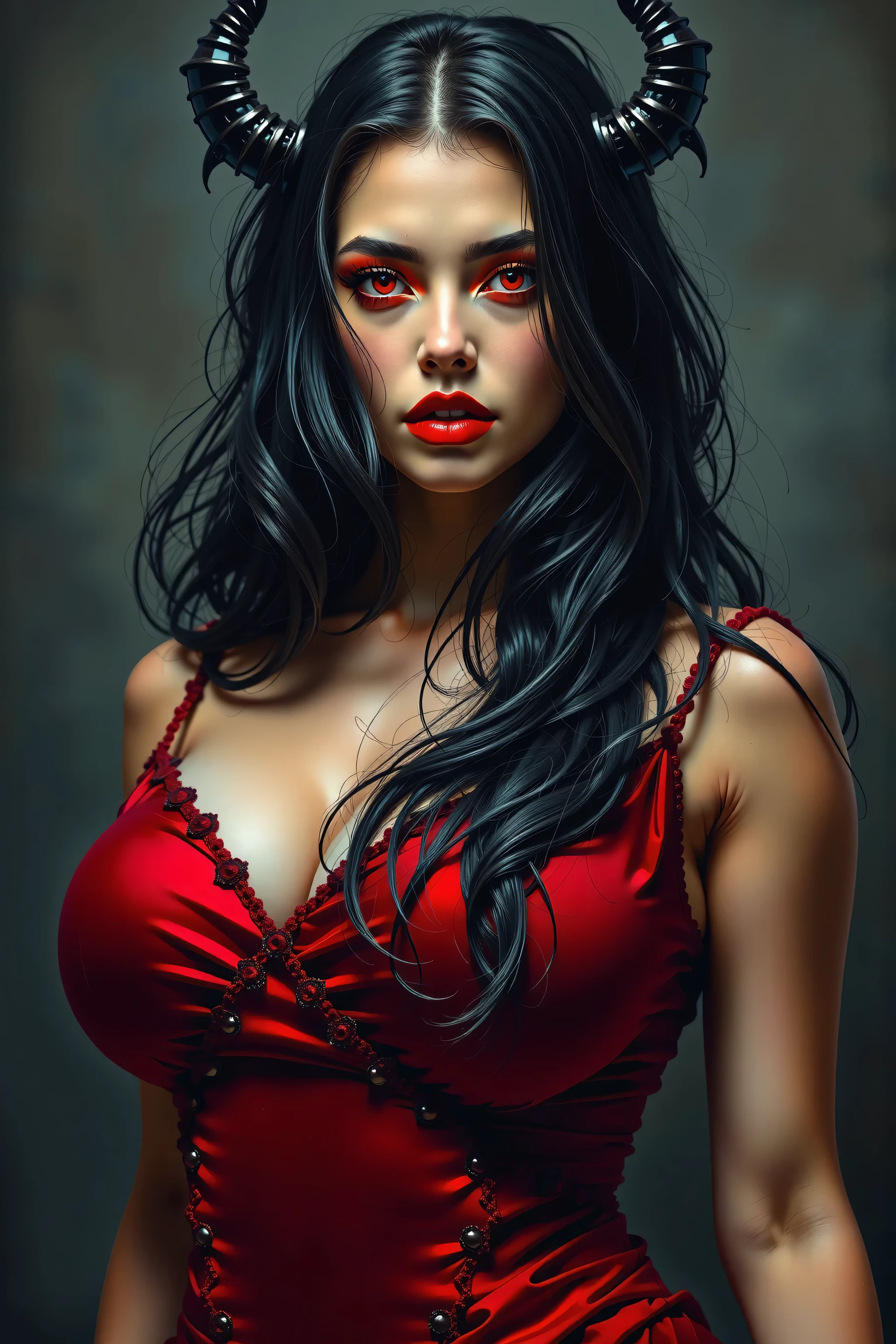 Black Hair、Beauty、Belly dance、Big Breasts、Bow-legged、Sweaty、Beautiful feet、、Leg length、Waistline、Side show、Gaze, High resolution, Long Hair, chest, Red eyes, Simple Background, Long Hair, Drooling,I Cup