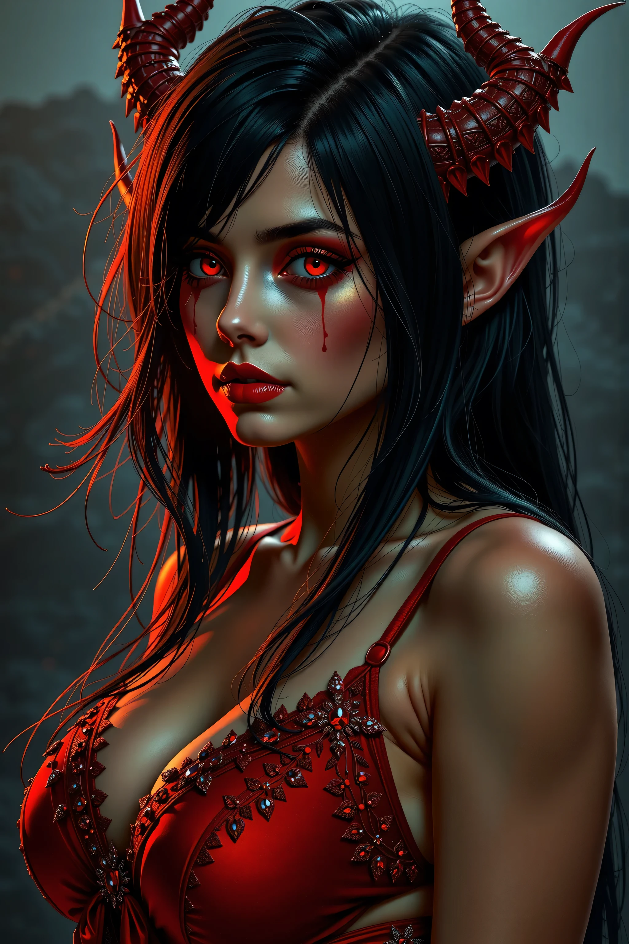 A girl with long loose black hair, crimson red eyes. Deep red lipstick, red eye shadow , very big breasts, demon, crimson camisole, 
