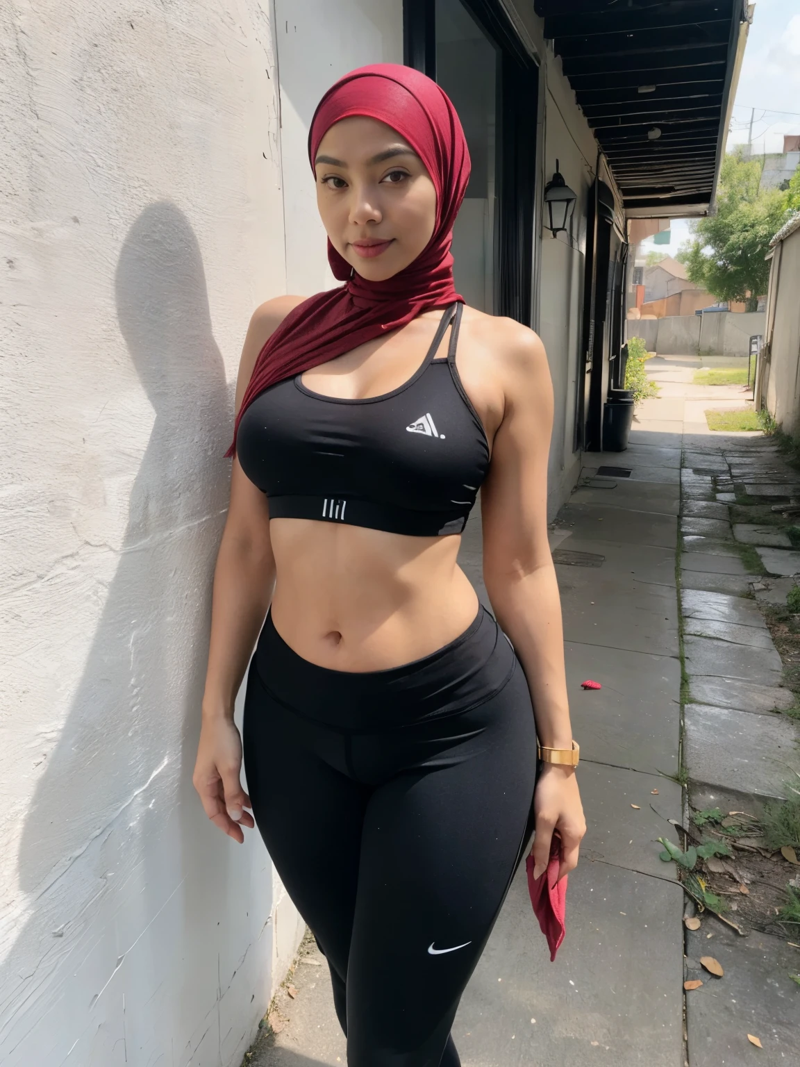RAW, Best quality, high resolution, masterpiece: 1.3), beautiful Malay woman in hijab,Masterpiece, perfect slim fit body, (big breasts), big gorgeous eyes, Soft smile, wear a grey tight singlet, short pants, necklace, shairband, afternoon walk, City garden, Excellent lighting, Bright colors, Clean lines