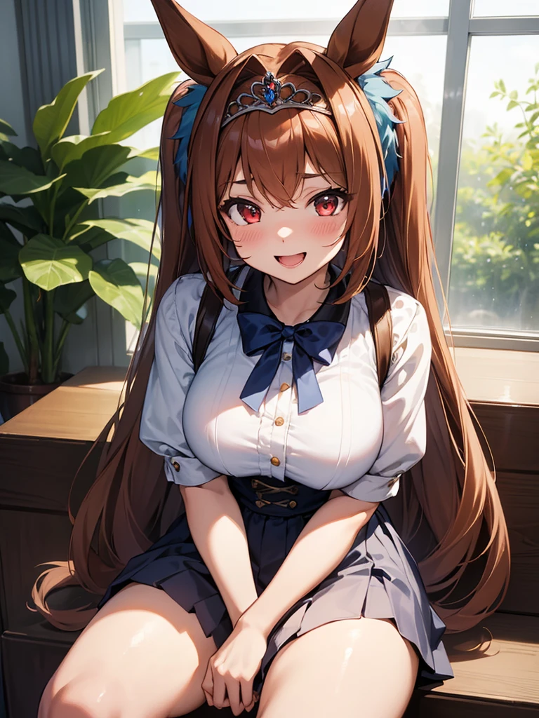 (​masterpiece, top-quality, hight resolution, Unity 8k, extremely details CG:1, Best Picture), 1girl, Daiwa Scarlet (Uma Musume), (((tiara))), brown hair, red eyes, long hair, twintails, (horse ears, horse girl), (slut), "A cheerful young woman sitting in a brightly lit interview room with a casual and welcoming atmosphere. She is dressed in casual and modest clothing, such as a simple blouse and skirt, seated comfortably on a chair. The background features indoor plants and tasteful decorations, creating a relaxed and neutral setting.
Her facial expression radiates excitement and anticipation, with a wide, genuine smile and sparkling eyes. Her posture is upright and enthusiastic, with both hands resting on her lap, fingers slightly intertwined, as if she can hardly contain her excitement for the upcoming filming. This moment captures her joyful eagerness as she talks about looking forward to the shoot during the interview."