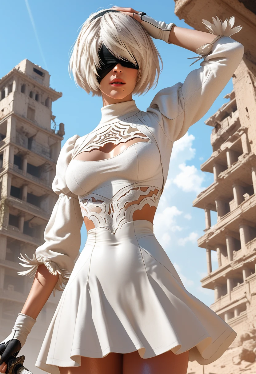 1woman, ((2B)),(Nier Automata 2B), white hair, blindfold over eyes, (ultra-detailed face), accurate face, black tomboy skirt over white leotard, high side slits in skirt, fighting poses, wielding giant katanas in both hands, wide angle, outdoor sandy dunes backdrop, ancient skyscraper ruins in background, PL4YB0YP0S3 