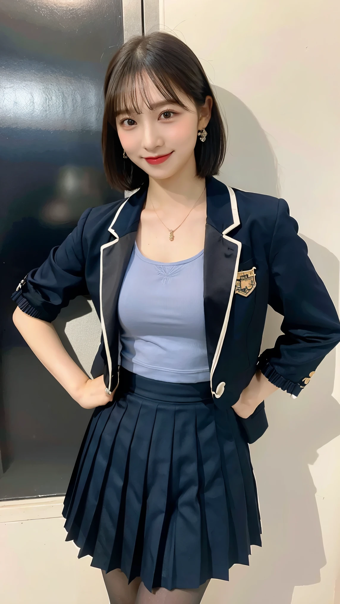 (8k), (highest quality: 1.2), (Realistic), (Realistic: 1.37), Ultra-high resolution, 1 girl, cute, Shiny skin,Blushing,smile, Mouth closed, Beautiful details, Beautiful Nose, whole body, Wet Hair,very short bob hair,Giant Dulcefo, pork,Navel exposed,University Student Uniform, sports bra,(A simple blazer, (check pattern Pleated dark blue skirt:1.2), black pantyhose, japanese new year atmosphere, small necklace and earrings,big breasts 
