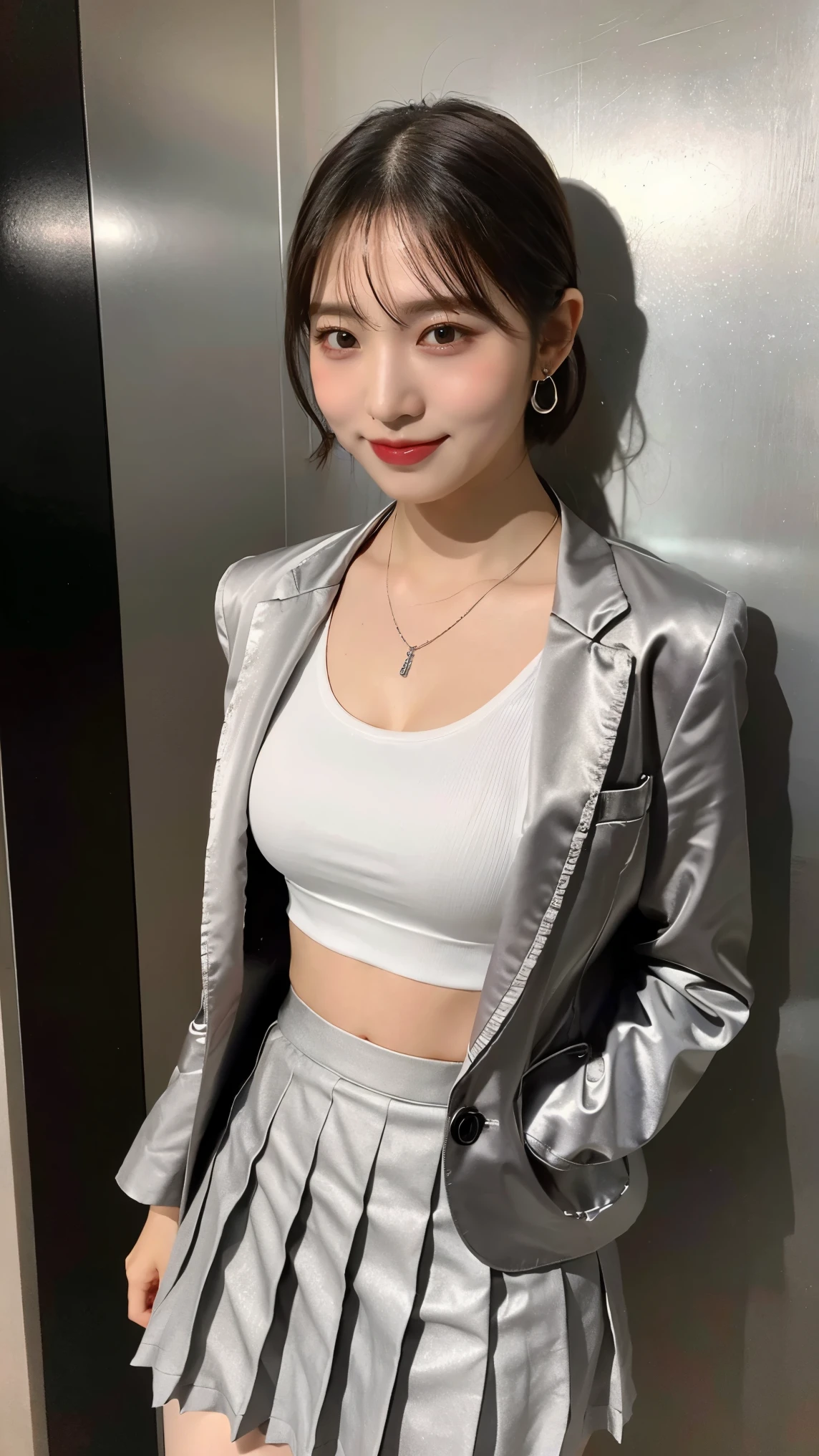 (8k), (highest quality: 1.2), (Realistic), (Realistic: 1.37), Ultra-high resolution, 1 girl, cute, Shiny skin,Blushing,smile, Mouth closed, Beautiful details, Beautiful Nose, whole body, Wet Hair,very short bob hair,Giant Dulcefo, pork,Navel exposed,University Student Uniform, sports bra,(A simple blazer, (check pattern Pleated skirt:1.2), black pantyhose, japanese new year atmosphere, small silver necklace and earrings,big breasts