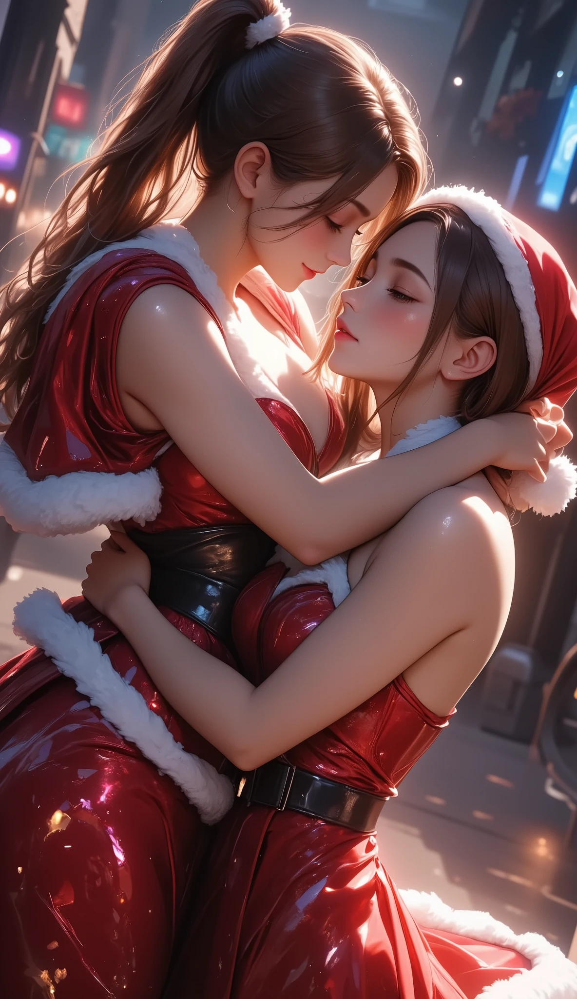 a sensual santa claus costume, 2 beautiful women embracing, extremely detailed, high quality, cinematic lighting, dramatic colors, romantic atmosphere, animestyle, 8k, masterpiece