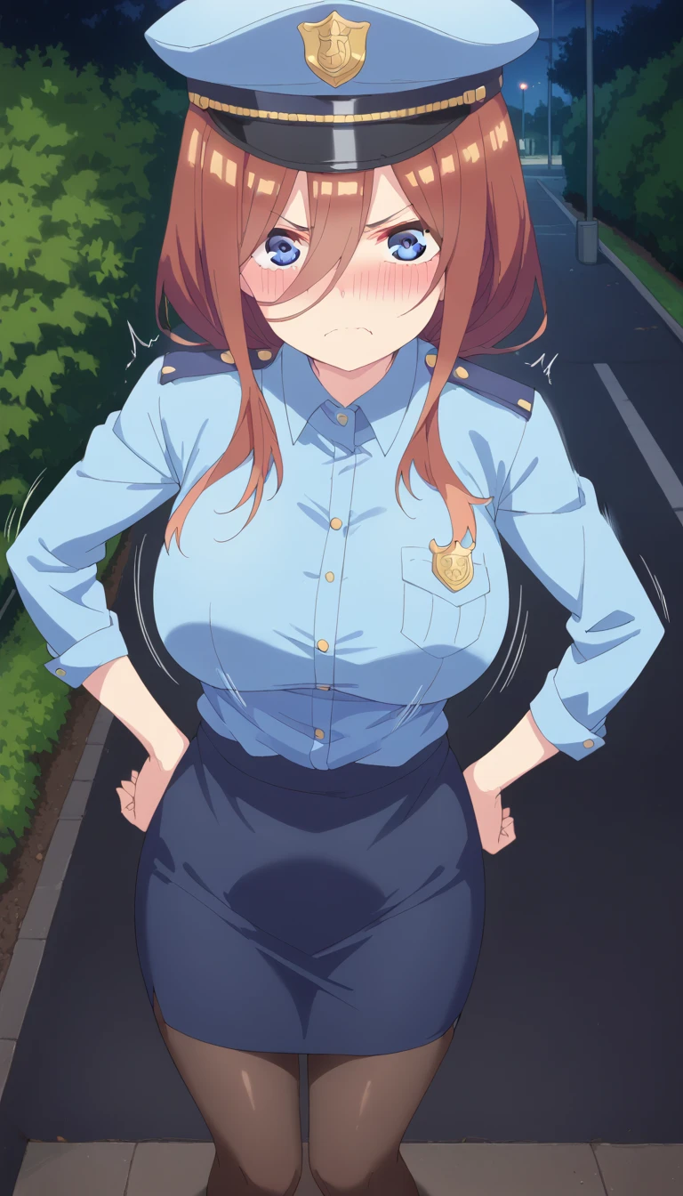 score_9, score_8_up, score_7_up, source_anime, masterpiece, best quality, highly detailed, BREAK miku nakano, long hair, bangs, blue eyes, brown hair, hair between eyes, BREAK 1 cute toddler girl is short stature, standing, hands on hip, BREAK front view, higher angle, big breasts focus, BREAK police uniform, pencil skirt, black pantyhose, cute peaked cap, BREAK looking at viewer, angry, nose blush, BREAK in the park, pitch black night, BREAK big breasts, bouncing breasts, BREAK (motion lines, motion blur)