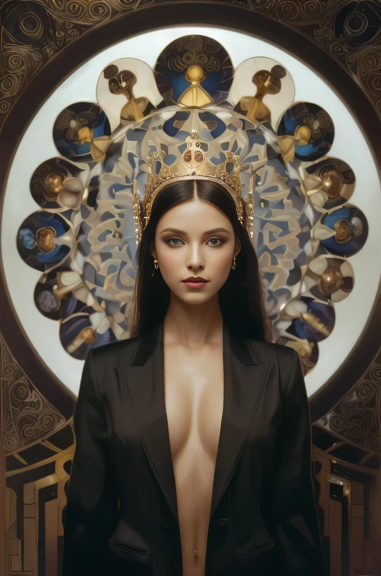 a woman in a black suit and a crown on her head, inspired by Hedi Xandt, by Hedi Xandt, symmetrical portrait scifi, beeple and alphonse mucha, tom bagshaw donato giancola, artgerm julie bell beeple, symmetric portrait, mucha klimt and tom bagshaw