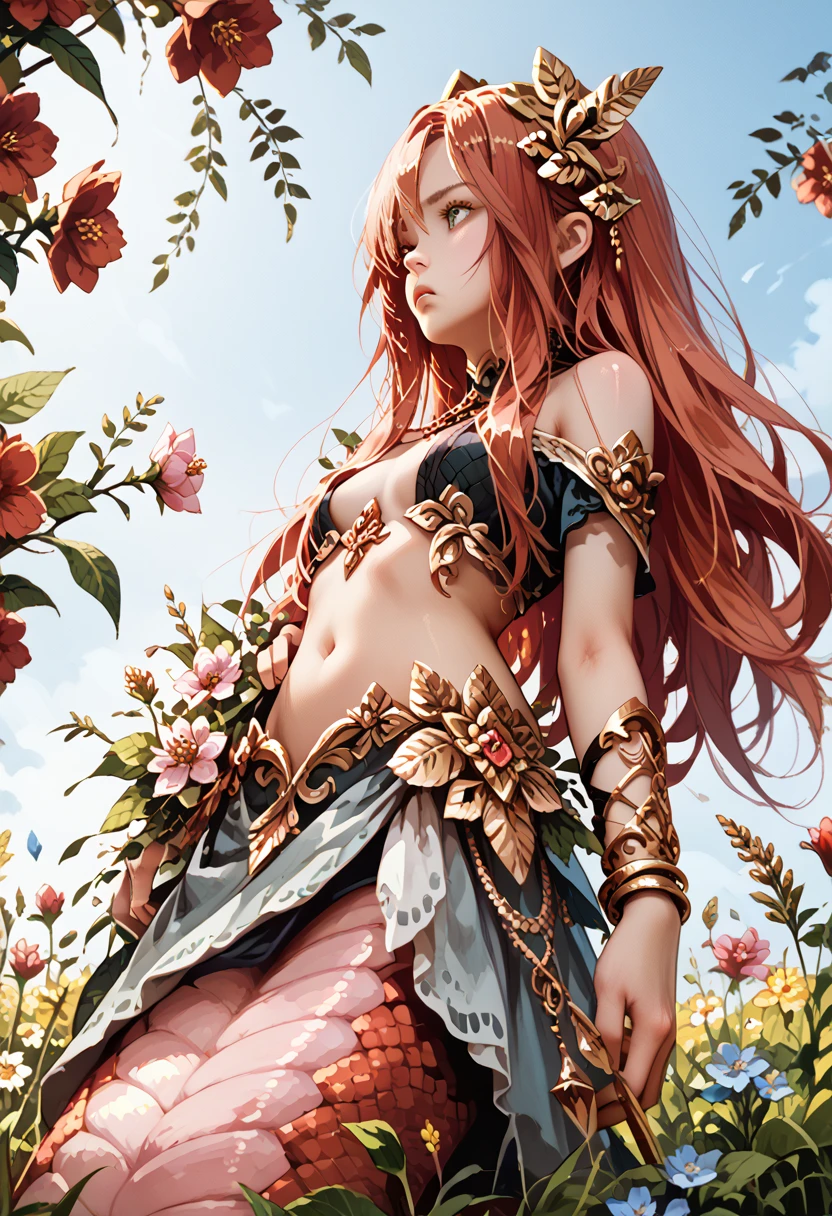 red-haired lamia girl (small breasts) in a field of flowers (long hair below the shoulders) flowers in her hair, gold jewelry on her hands
