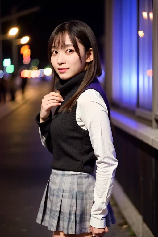 (Masterpiece,  best quality, Perfect Anatomy,  highres icon, 8k, realistic, photo realistic, natural skin texture, no makeup:1.2), Japanese girl stops watching Christmas illuminations, age20, (very cute:1.2), shy smile, (large breasts and perfect style:1.2), (mini skirt:1.7), Japanese female college student wearing long-sleeved monotone clothes taking pictures of Christmas lights in the city , wrapping a scarf around her neck, winter,  (looking at viewer:1.5), side shot, cowboy shot, (darkness), erogao , jp idol, tanukigao