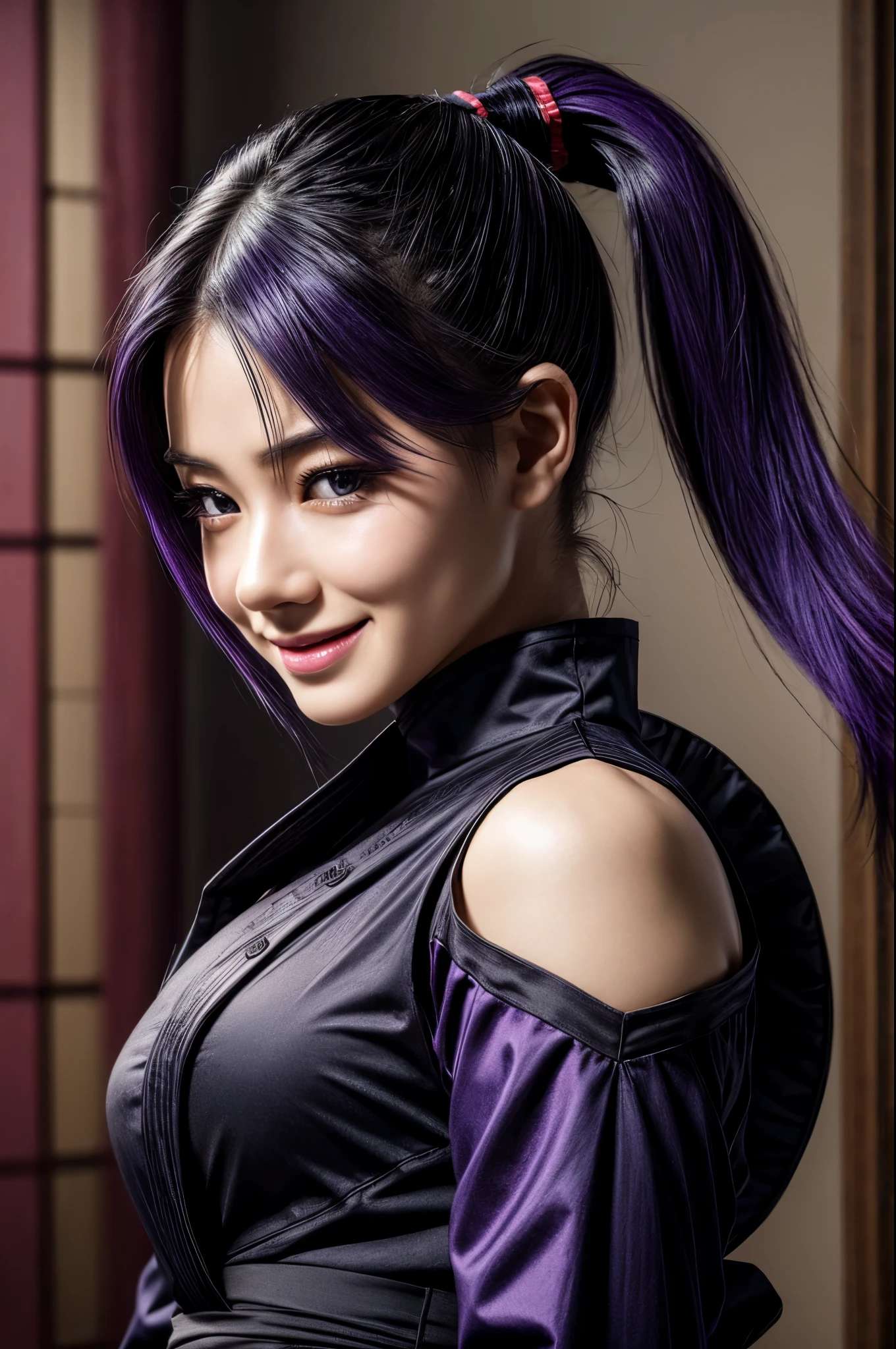 masterpiece, best quality, extremely detailed, hyperrealistic, photorealistic, a beautiful japanese 20s model, ultra detailed face:1.2, ponytail, black ninja uniform:1.1, long sleeve, blue purple hair, busty breasts, smiling, japanese style room
