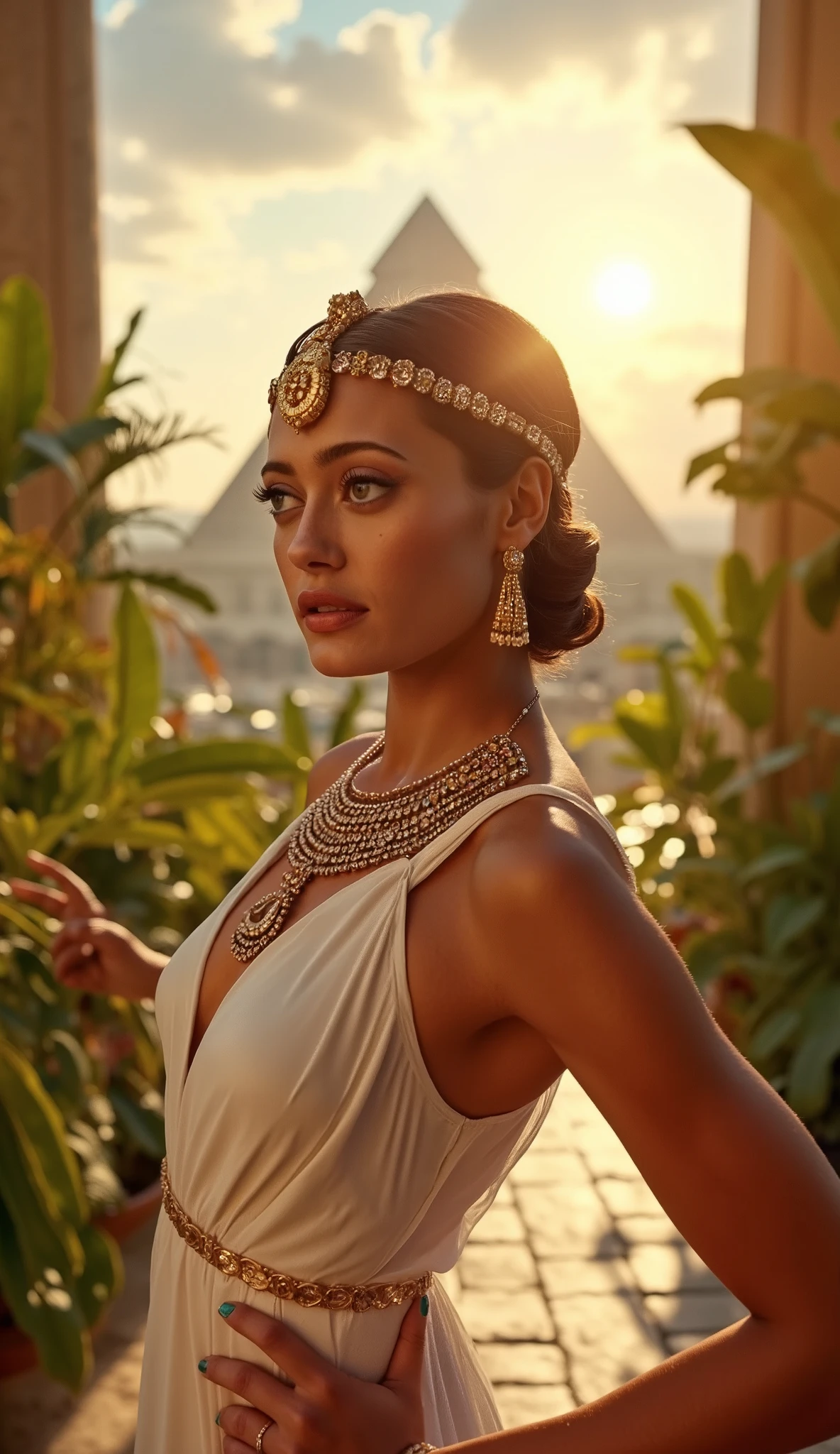 Ella Purnell with as Cleopatra, Egyptian pharaoh, braided hair, white dress decorated with ornate gold jewelry, she wears an intricate headdress, It is set with dazzling gemstones, Her neck is adorned with a lavish gold necklace, Detailed skin, sexy, seductive, in the palace of the ancient egyptian city of Alexandria, in her throne room, pyramids in background,  tropical plants, gorgeous summer sky, godrays