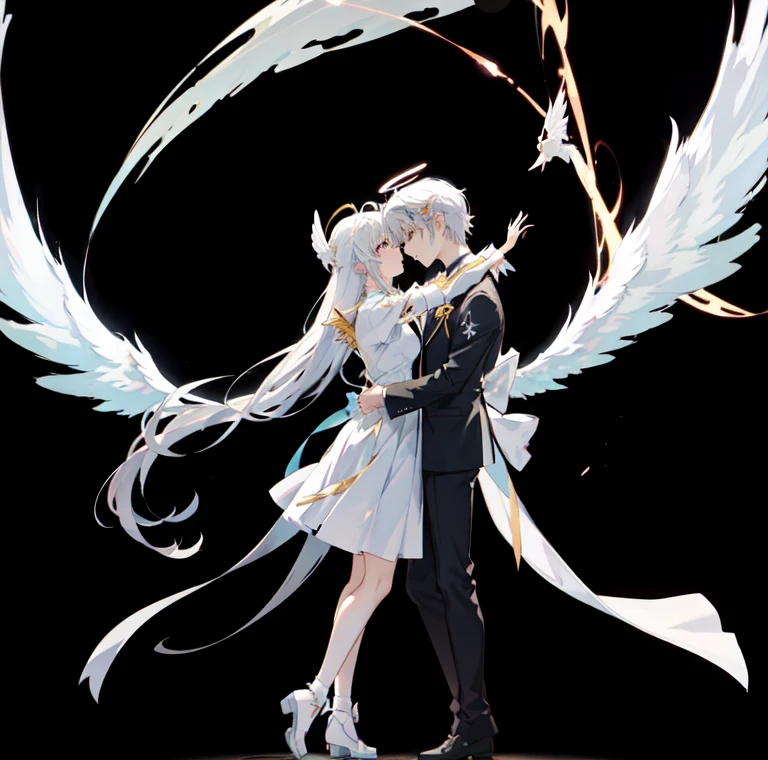 Anime couple hugging and kissing ,Man red eyes , Man long platinum hair, platinum shiny halo ,anime angel with wings and a halo above his head, anime wallpaper, biblical accurate angel, angelic, ((zerator)), glowing angelic being, an angel, angelical, hd anime wallpaper, Night, angel, ascension,  Big shiny white wings , zero-chan, angelic and unsettling, the lilies, ethereal anime, angelic haloanime angel with wings and a halo above his head, anime wallpaper, biblical accurate angel, angelic, ((zerator)), glowing angelic being, an angel, angelical, hd anime wallpaper, Night, angel, ascension,  Big shiny white wings , zero-chan, angelic and unsettling, the lilies, ethereal anime, angelic halo