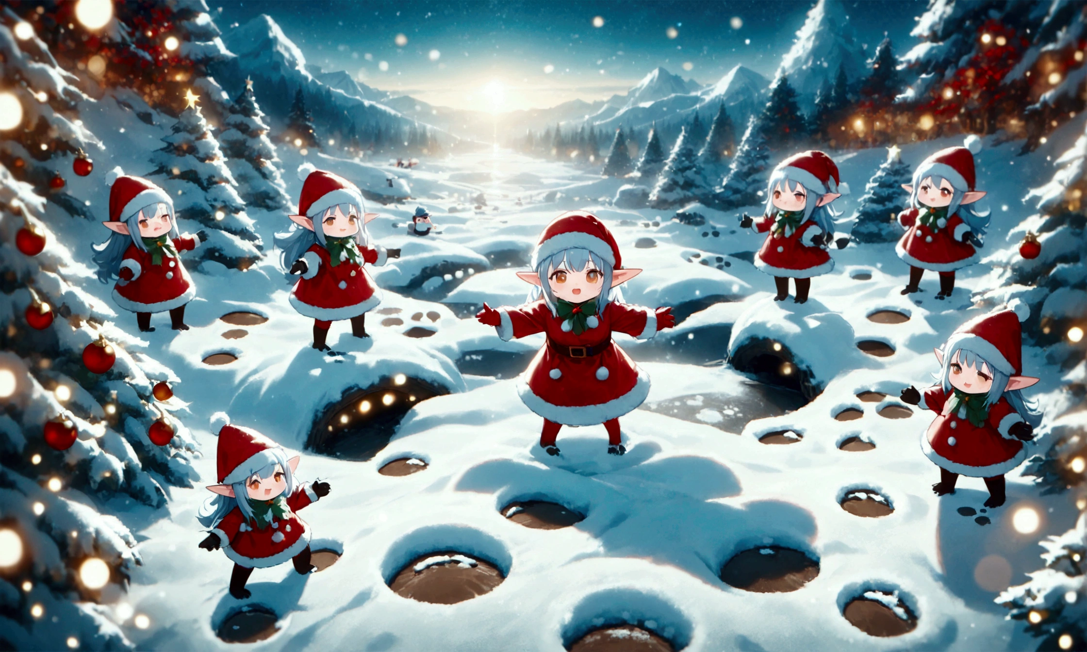 
6+girls\(Cute, (chibi:1.4), fairy elf, living on the snow\), in the (Christmas:1.3) forest, ornaments,ChristmasWintery,night, (Lots of footprints:1.4).. BREAK .quality\(8k,wallpaper of extremely detailed CG unit, high resolution, top-quality, top-quality real texture skin, hyper realistic, increase the resolution, RAW photos, best quality, highly detailed, the wallpaper, golden ratio, high saturation realism, vibrant colors, dramatic lighting, persuasive storytelling, atmospheric scenery, captivating visuals, intricate details, strong emotions, dreamlike world\),landscape,,(from above:1.4)