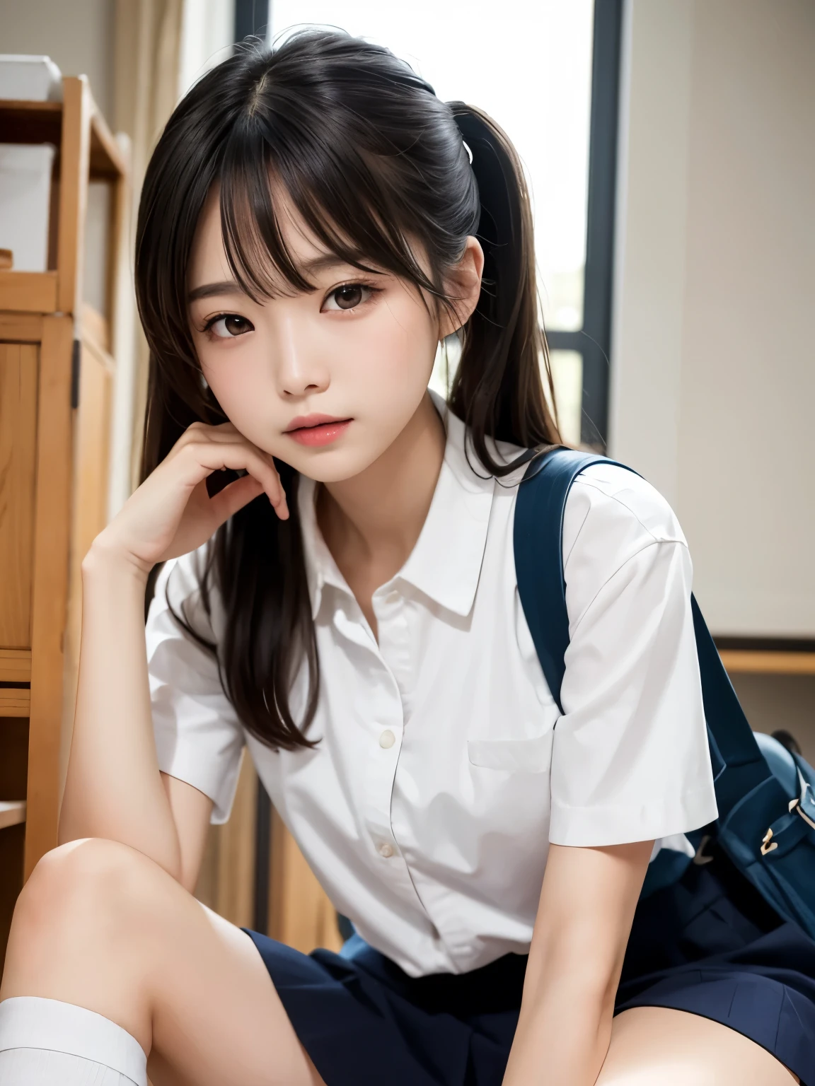 (Tabletop, highest quality:1.2), 8k, Official Art, Full body photo, Esbian all over、Back Angle、looked back、Cute ass、suit、Embarrassing black hair、18 years、small 、close your eyes、Deep sorrow、sorrow、Looking up at the sky、shout、 unbelievably ridiculous, (Upper Body, White polo shirt:1.4), beautiful girl, Pretty face, lean back, Cute Panties、Gold ornament in hair、Cute short sleeve high for girls、close, Wearing a girls' high , Short sleeve, Gardenia, Violet, , View Viewer, Film Grain, chromatic aberration, Sharp focus, Face Light, Dynamic Lighting,, Eye and facial details, Light blue wall, (tie、1:1.2)