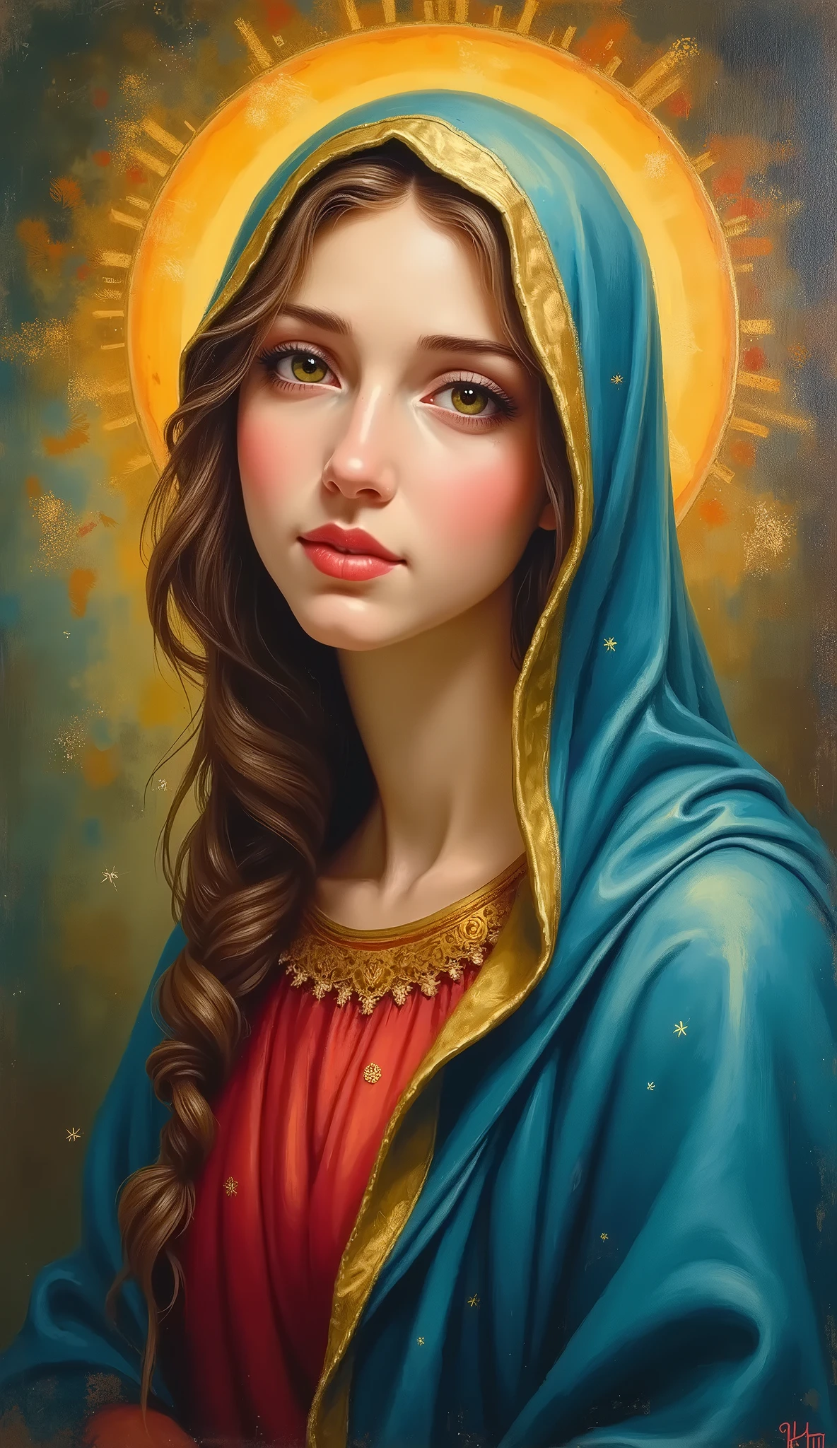 A painting of a woman with a blue robe and a yellow halo - SeaArt AI