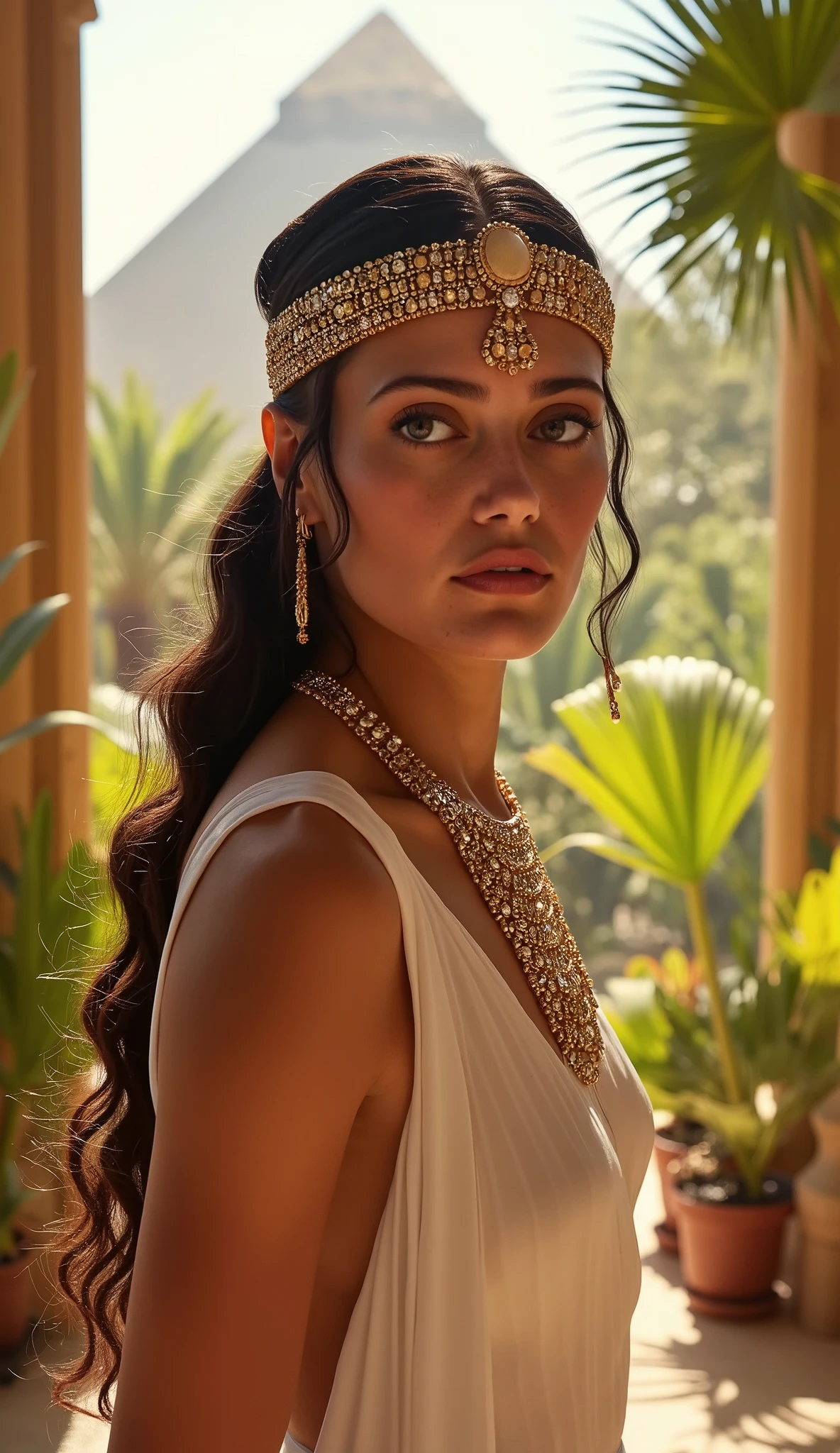 Ella Purnell with as Cleopatra, Egyptian queen, white dress decorated with ornate gold jewelry, she wears an intricate headdress, It is set with dazzling gemstones, Her neck is adorned with a lavish gold necklace, Detailed skin, sexy, seductive, in the palace of the ancient egyptian city of Alexandria, in her throne room, pyramids in background,  tropical plants, gorgeous summer sky, godrays