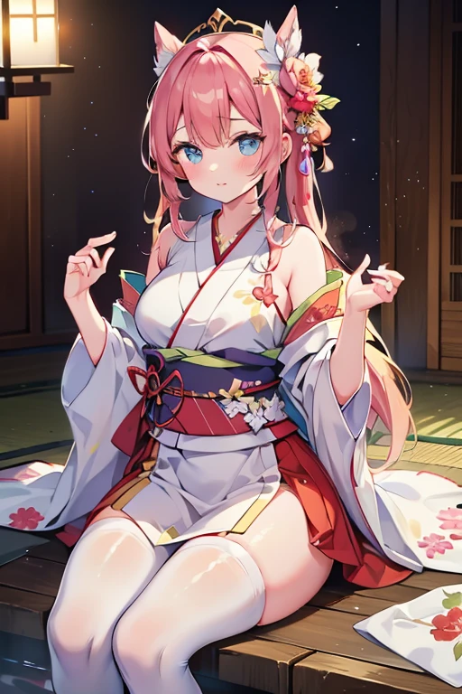 Masterpiece、Highest quality、Super detailed、1 girl、Pink Hair、(Big Tits)、Fluffy and soft long hair、Red-pink eyes、kimono、Japanese-style room、Cleavage、(The underboob is visible)、Belly button、Ruffles and ribbons、smile、Too big breasts