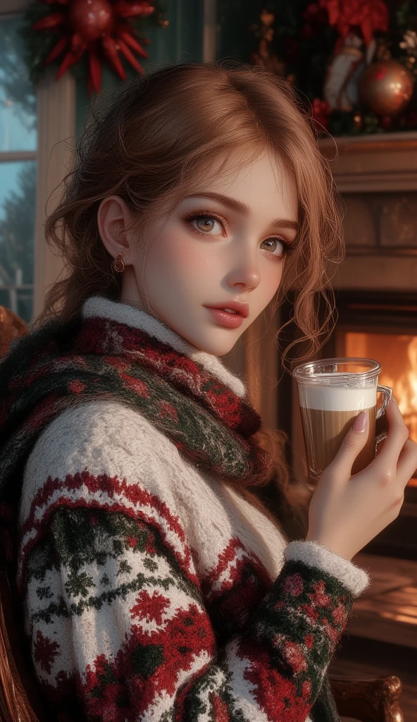 A beautiful woman with beautiful eyes:1.2, detailed eyes, beautiful full lips, highly detailed eyes and faces, long eyelashes, cute expression, smile, sitting:1.4, holding a cup of hot latte, homely background, Christmas sweater, fireplace, warm light, detailed lighting and shadows, anime style, 8k, Hi-Res, masterpiece:1.4, bright colors,