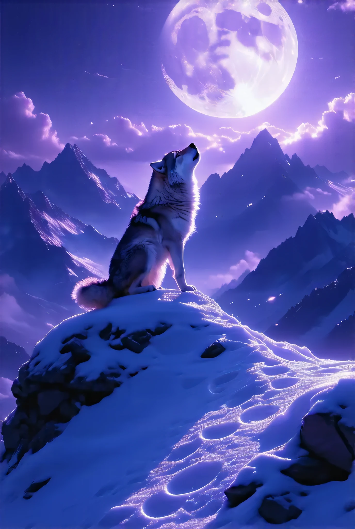 (8k, top quality, Masterpiece , Final Fantasy Style: 1.2),Atmospheric perspective, 8K, Very detailed,
A wolf playing Tohoe on the top of a snow-covered mountain, howling, Moonlit night, clear air, night fog, sparkling ice particles in the air, wolf's foot prints on the snow surface, 
The sky turns eerily purple