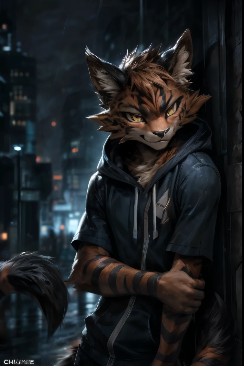 4k, ,8K, A high resolution, best quality, perfect colors, perfect shadows, perfect lighting, posted on e621, (by Chunie, by canyne khai, by t.y.starale), male, furry, Torracat(Pokemon), Torracat,Pokemon,anthro, solo, yellow eyes, (Realistic eye details 1.2), night city, rain, (Realistic Rain detail), Streetwear Hoodie wear, Full body like, Slim body, leaning against the wall, dramatic lighting, soft lighting, day, highly detail, Hair coiled, delight, Standing up position, cool pose charm, Abstract beauty, centre, Looking at the camera, Facing the camera, nearing perfection, Dynamic, highly detailed, illustration, (Realistic background), (Leopard Tail), ((Bonifasko lighting)), (Detailed eyes), perfect pupils, detail eyes, detail fluffy fur, (seductive face:1.2), fit body, Looking at the camera,, fit body, perfect male figure, Detailed fur, Detailed face, Perfect face, Detailed background, (Complex), (Super Detail), (Ultra Clear), (Best Quality)
