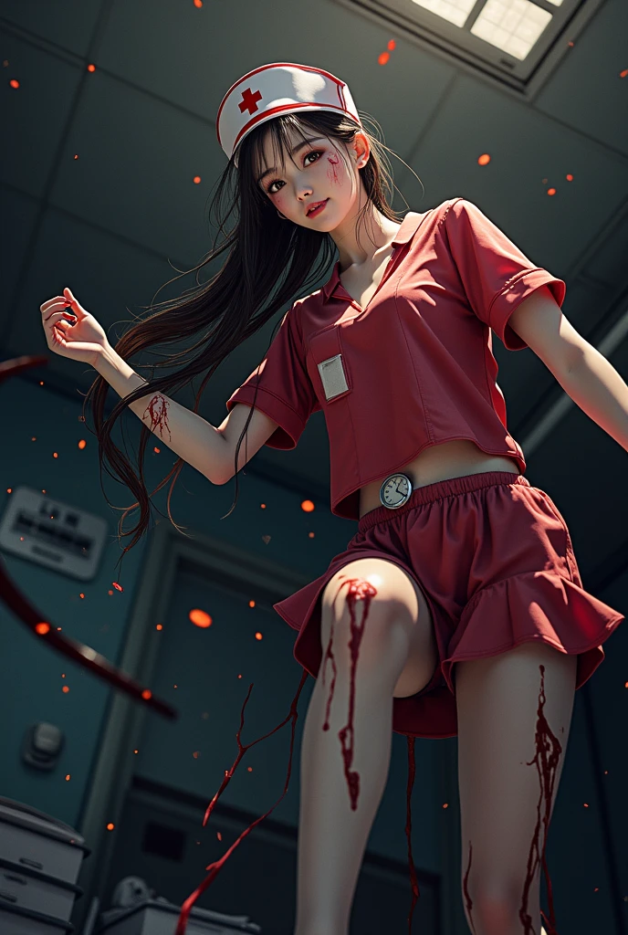 (Master Masterpiece), (RAW Photography、best-quality), hyper high resolution, Professional artwork, ultra- detailed, intricate, detailed  face, Perfect Lighting, (1 girl、solo:1.2)、athena97、 Red shoes、(white sock:1.3)、Red pantyhose、 Purple eyes、Purple Hair、Long hair、red hairband、White turtleneck、White puffy sleeves、Red pleated skirt、Yellow belt、Lamb spherical necklace、Red fingerless gloves、Red Open Vest、 Star Hair Ornament、earings、Medium Bullet、sleeved、all body、(perfect hand:1.5)、(perfect_???????:1.2)、Octane Render、(Crying、weak and tired eyes、Tears:1.2),(Bruises and blood stains on the face and body、Blood flowing from the head and face、Physical injuries、damage、Wounds and cuts、bleeding lips:1.3),(Torn clothing、Tattered clothes:1.5)、Blood stains on clothes、(Fighting Pose:1.2)、 (Inside an abandoned factory)、ldisheveled hair、Tired and weak face、(Perfect body、flawless、perfect thighs)、Wet Body、Sweaty body、((Muddy feet、Muddy skin、bloody skin:1.3))、(Film lighting)、Soft lighting、Complex and cinematic appearance、Cinema tick writing、Dynamic angles